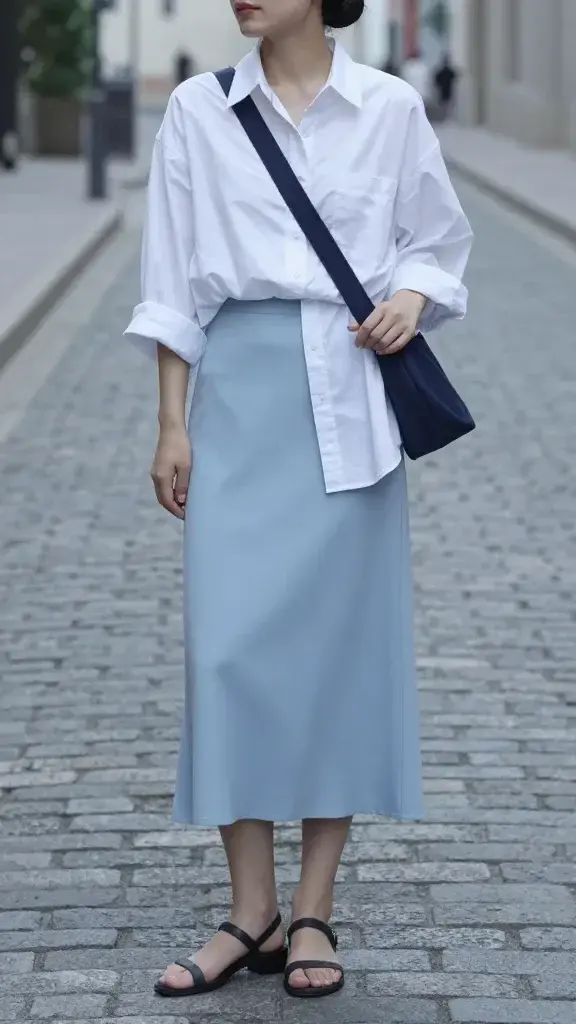 City minimalist summer look on a quiet cobblestone street: modest woman wearing a powder blue ankle-length slip skirt with a crisp white oversized cotton shirt layered over, buttoned high, sleeves rolled, navy structured crossbody, low block-heel sandals, hair in sleek bun; cool morning light, muted tones, no text.