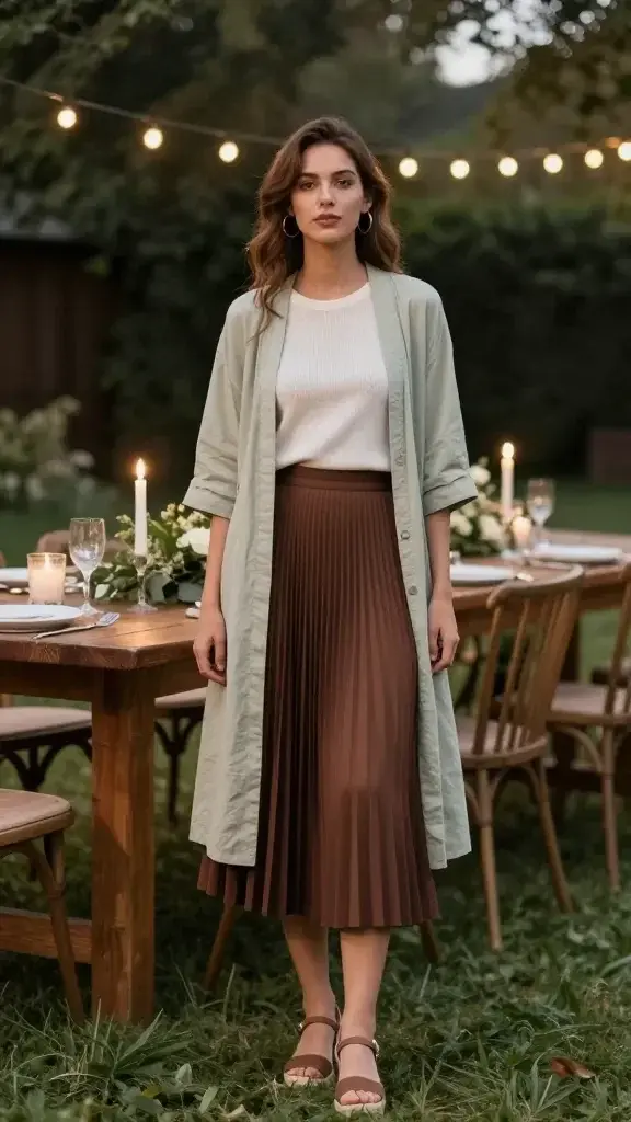 Backyard dinner setting at dusk: elegant modest outfit—cocoa pleated midi skirt, ivory knit tee with elbow sleeves, light sage cotton duster, delicate gold hoops, espadrille wedges; long farmhouse table with simple greenery and candles blurred in background, warm string lights, no text.