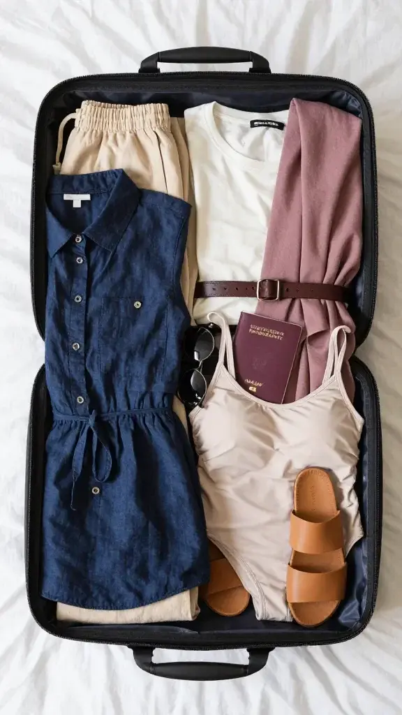 Travel capsule on a bed: neatly packed weekender bag with rolled pieces—navy linen shirt dress, sand drawstring pants, ivory tee, dusty rose lightweight shawl, cocoa belt, neutral swimsuit with full coverage, tan slide sandals; passport and sunglasses to the side, natural morning light, no text.