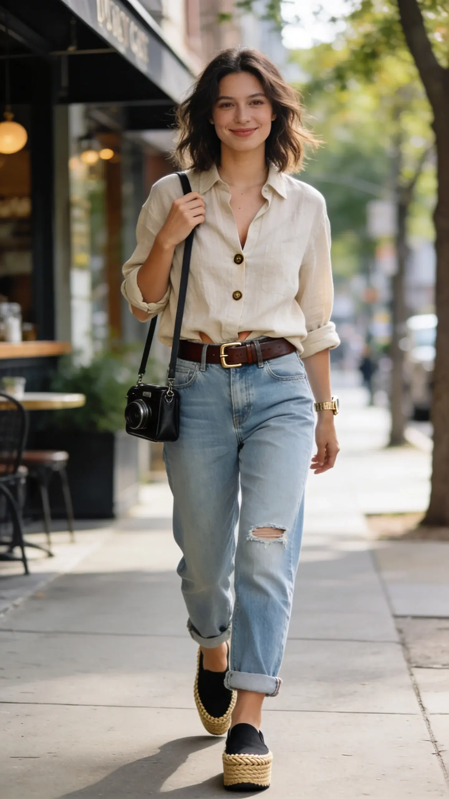 Realistic street-style fashion photo of a woman wearing espadrilles with jeans: effortless linen shirt + boyfriend jeans combo. Scene: bright morning on a tree-lined city sidewalk outside a boutique cafe, soft natural light, shallow depth of field. Outfit: beige linen button-up shirt in a relaxed fit, top two buttons undone, sleeves rolled to mid-forearm; light-blue relaxed boyfriend jeans with subtle knee distressing and a slightly cuffed hem; black platform espadrilles with braided jute sole; medium-width leather belt in dark brown with a simple brushed-metal buckle; minimal gold watch; small black leather crossbody camera bag worn across the body. Styling: half-tucked shirt at the front to show the belt, slightly tousled shoulder-length hair, fresh natural makeup. Pose: mid-stride walking toward camera, one hand lightly adjusting the bag strap, soft smile. Details: clean, modern aesthetic, crisp textures of linen and denim visible, espadrille platform height clearly shown, realistic skin tones, editorial-quality photography, 50mm lens look, bokeh background, no text.