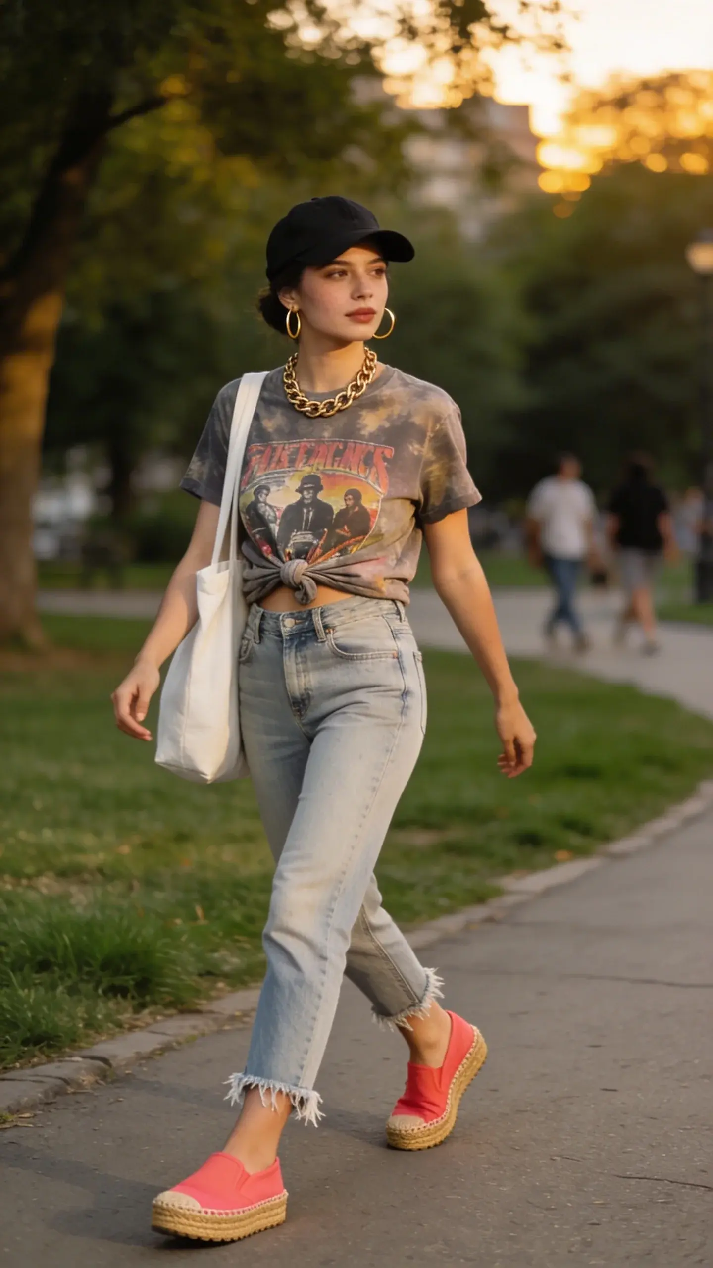 Realistic street-style fashion photo of a woman wearing espadrilles with jeans: a late-afternoon urban park setting with soft golden hour light. She wears a faded vintage band graphic tee knotted at the waist, high-waisted light-wash mom jeans with a raw, frayed ankle-length hem, and bright coral canvas espadrilles with classic jute soles. Accessories: chunky gold chain necklace, black baseball cap, simple gold hoops, and an off-white canvas tote slung on her shoulder. Styling shows the hem hitting right at the ankle to highlight the shoes. She’s mid-stride on a paved path beside grass and trees, a few blurred people in the background for lifestyle realism. Natural makeup, effortless hair tucked under the cap. Color accents pop (coral shoes) against muted denim and tee. Shot on a 50mm lens for shallow depth of field, crisp detail on textures (denim weave, jute sole, faded tee print), soft bokeh background, editorial-quality lighting and composition. No text.