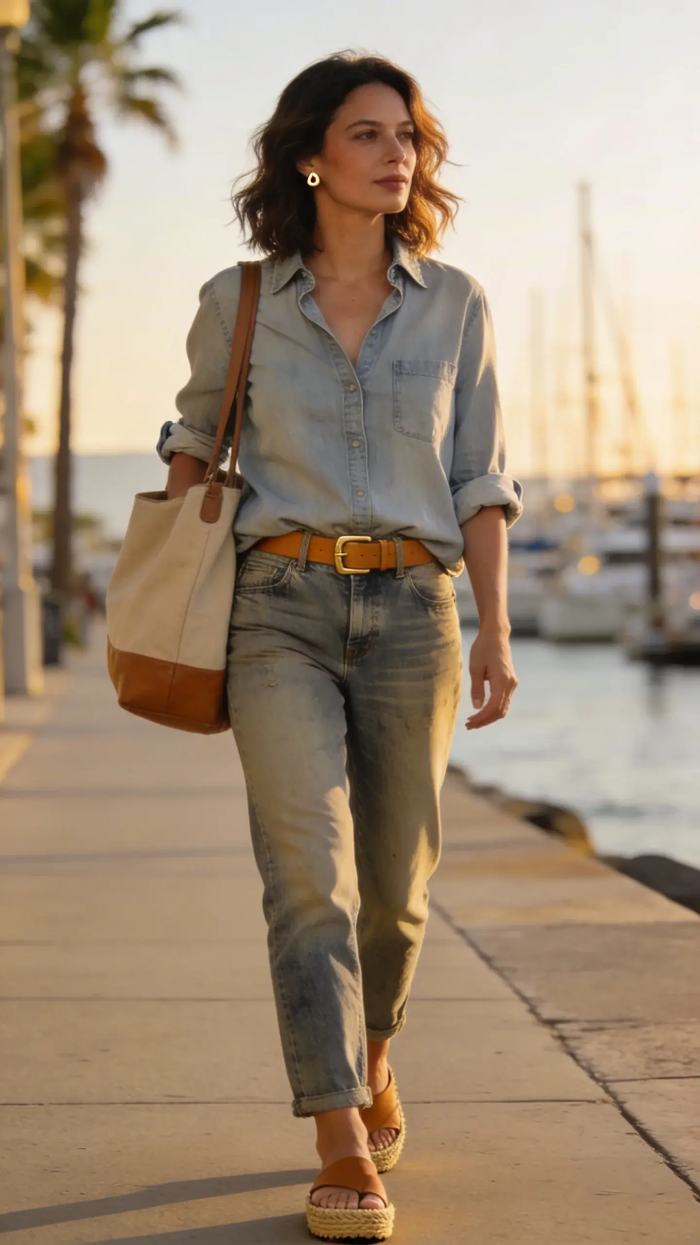 Realistic street-style photo of a woman wearing an effortless double-denim look with espadrille slides. She’s mid-30s, natural makeup, sun-kissed skin, wavy shoulder-length hair, walking along a coastal city sidewalk with soft golden afternoon light, blurred marina and palm trees in the background. Outfit details: light-wash chambray denim shirt with sleeves casually rolled to the forearms and collar slightly popped; shirt fully tucked into medium-wash relaxed straight-leg jeans with a subtle broken-in texture; wide tan leather belt with a simple buckle; tan leather espadrille slides with natural jute soles; oversized neutral canvas-and-leather tote carried on one shoulder; small gold stud earrings. Styling notes: light denim top contrasted with mid-tone jeans, a slight blouse-out at the waist for shape, relaxed yet polished vibe suitable for travel or errands. Composition: 3/4 body shot, eye-level angle, crisp focus on textures—denim weaves, jute espadrilles, leather grain—soft bokeh background. Natural lighting, warm tones, no logos or text, editorial fashion photography quality.