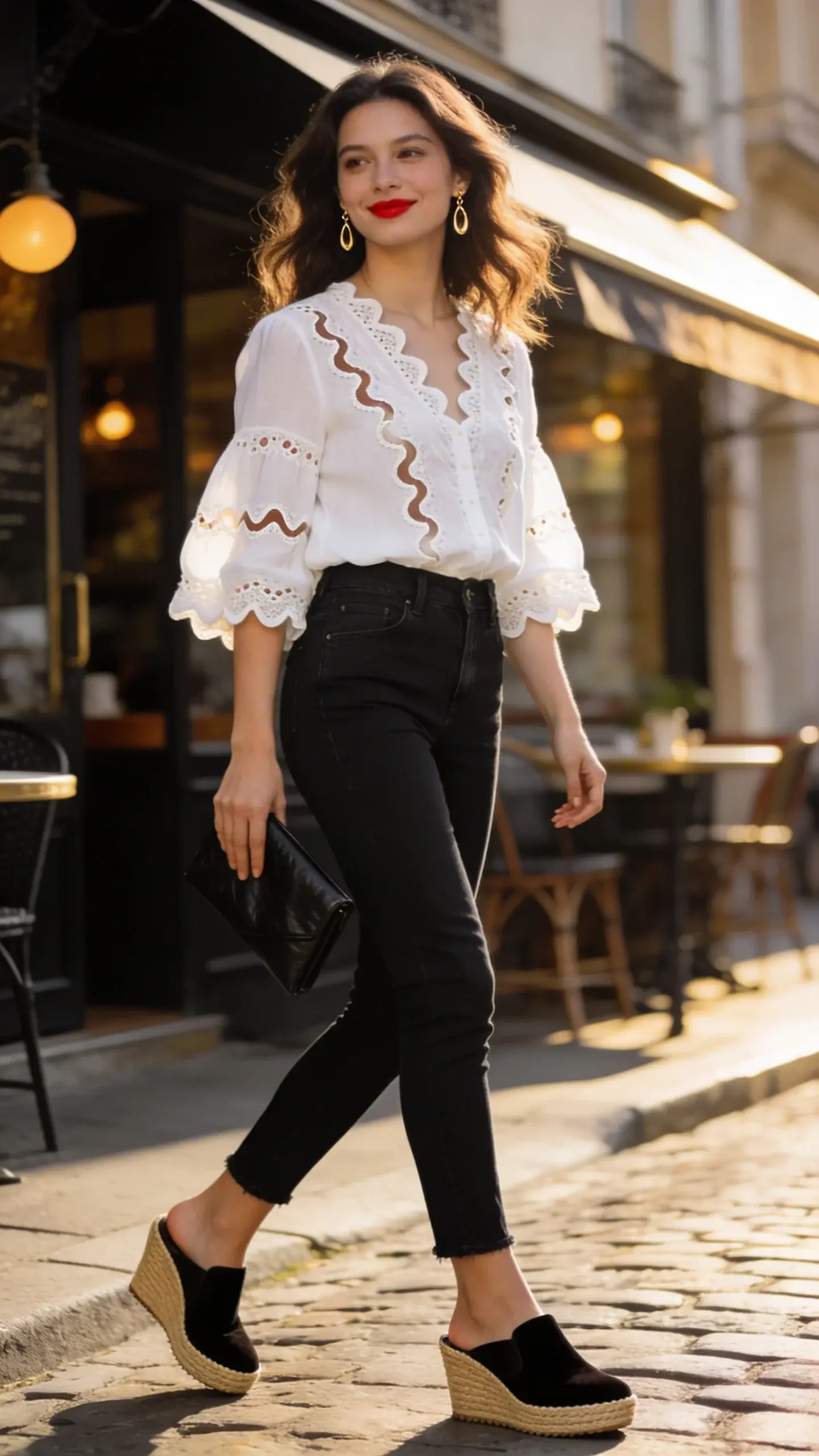 Realistic fashion street-style photo of a woman wearing espadrilles: a romantic white eyelet (broderie anglaise) blouse tucked into slim black ankle-length jeans, paired with black suede wedge espadrilles. She stands on a quaint cobblestone street at golden hour outside a chic bistro, soft warm lighting, shallow depth of field. Accessories: delicate gold drop earrings, a minimalist black leather clutch in hand, subtle soft red lip, natural makeup, loose romantic waves. The blouse has scalloped eyelet detailing and slightly puffed sleeves; jeans are clean black denim that skim the ankle to showcase the wedge line. Pose: mid-step, relaxed confidence, gentle smile, looking slightly off-camera. Color palette: crisp black-and-white contrast with warm golden highlights. Photographic style: high-resolution editorial street style, 50mm lens look, soft shadows, realistic textures of denim, lace, and suede. No text, no logos.