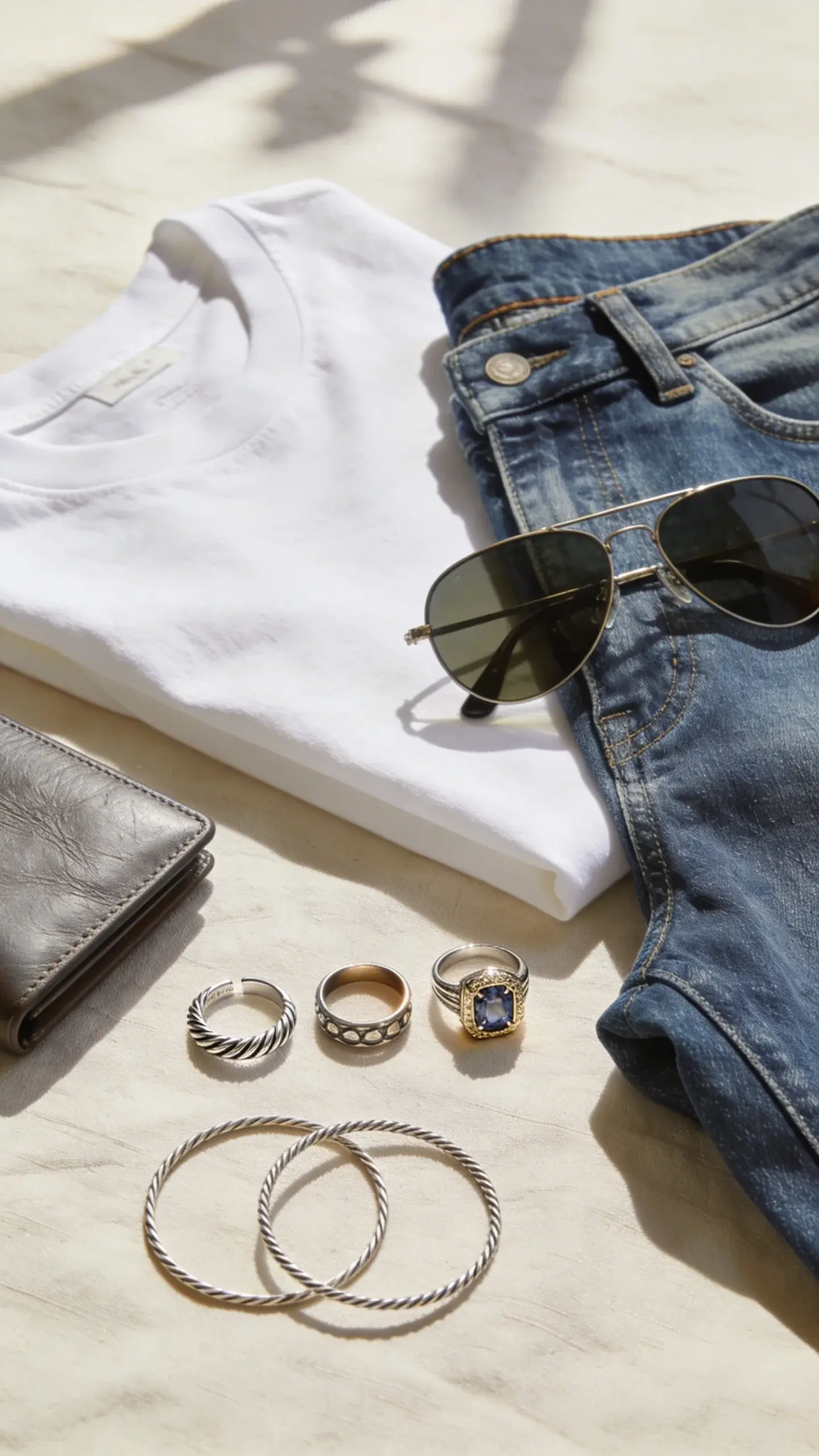 Flat lay on a cream linen surface: a white tee neatly folded beside classic blue denim, aviator sunglasses, a simple leather wallet, and a thoughtfully arranged trio of David Yurman-style rings (one cable band, one mixed-metal band, one gemstone signet) and two thin cable bangles; soft overhead daylight, warm shadows, quiet elegance, no text.
