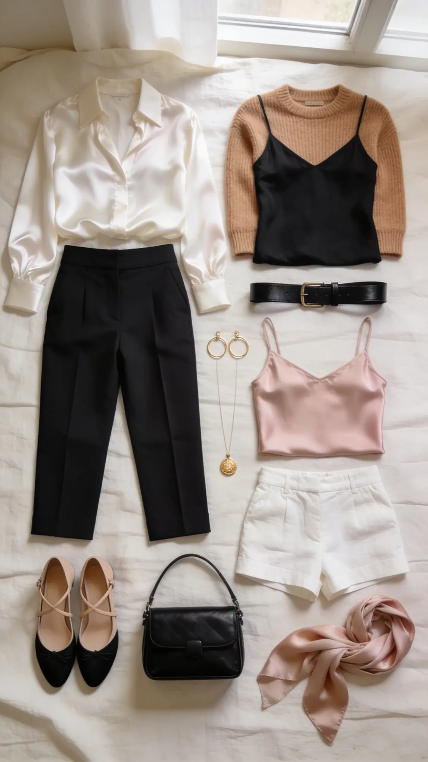A neatly arranged flat lay on a cream linen bedspread: capsule wardrobe in a cohesive palette of black, ivory, and soft blush. Items include a silk ivory blouse, black slip dress, camel cashmere sweater, tailored black trousers, blush satin camisole, ivory linen shorts, thin gold hoop earrings, a delicate gold pendant, a black leather belt, nude strappy heels, black ballet flats, a structured black mini bag, and a silk blush scarf. Soft morning window light, no text, minimal aesthetic.