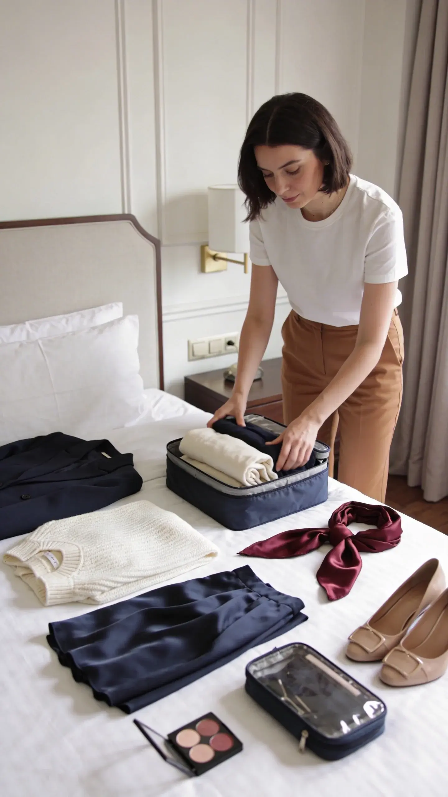 An elegant woman in a boutique hotel room packing a small carry-on. She wears an ivory tee and camel trousers; on the bed, coordinated pieces in navy, ivory, and wine: navy blazer, ivory knit, silk navy skirt, wine satin scarf, nude heels, loafers, and a compact makeup pouch. She rolls clothing into packing cubes. Neutral, airy color grading.