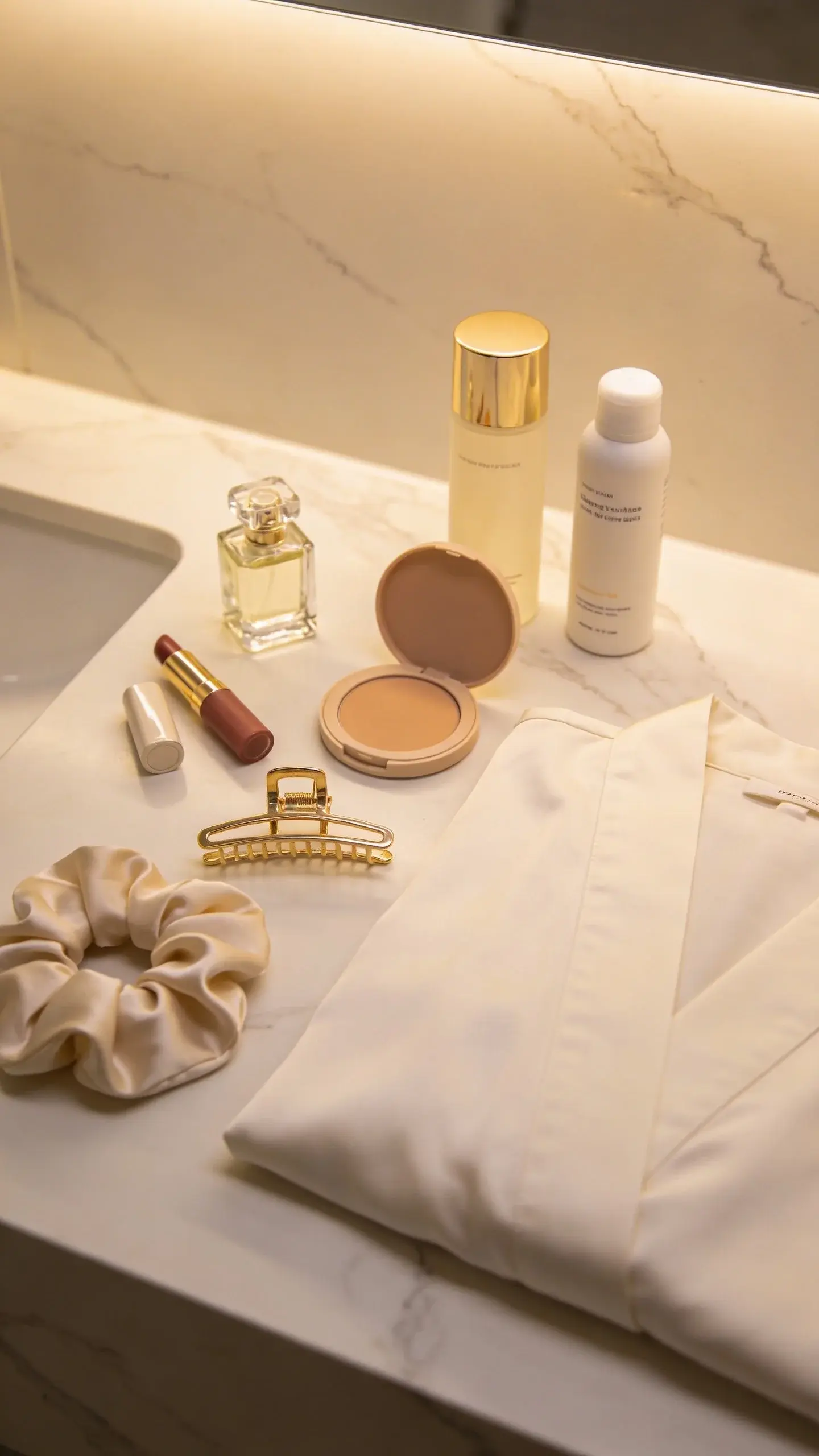 Bathroom vanity scene: minimalist travel beauty essentials laid out—small glass perfume bottle, lip balm, neutral lipstick, compact, travel-sized skincare bottles, gold hair clip, and a silk scrunchie—next to a folded ivory robe. Marble countertop, warm ambient lighting, no branding.