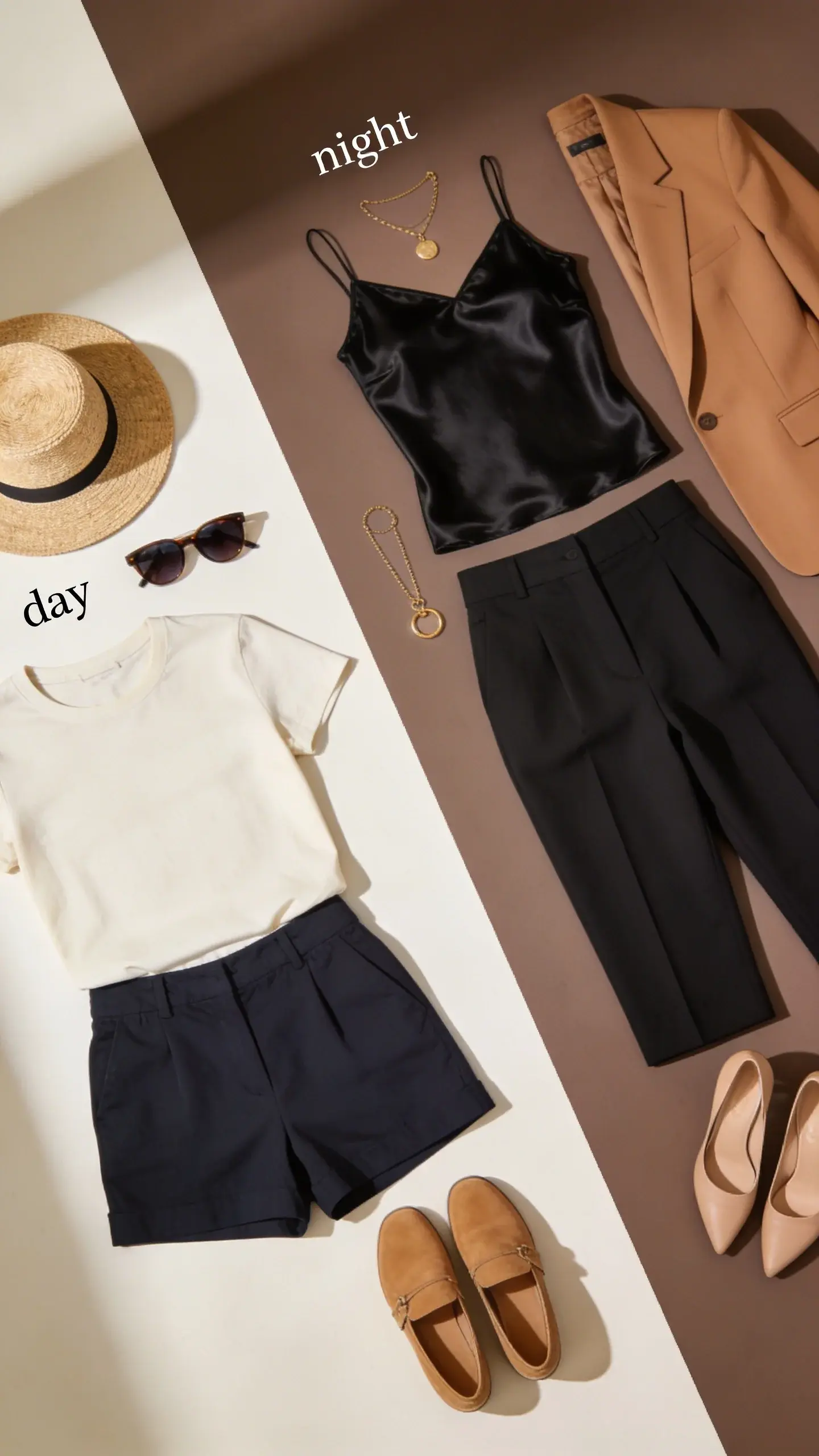 Day-to-night transformation flat lay split diagonally: left side “day” pieces in neutrals—ivory tee, navy shorts, tan loafers, sunglasses, straw hat; right side “night” pieces—black satin cami, tailored black trousers, camel blazer, nude heels, gold jewelry. Cohesive color story, soft shadows.