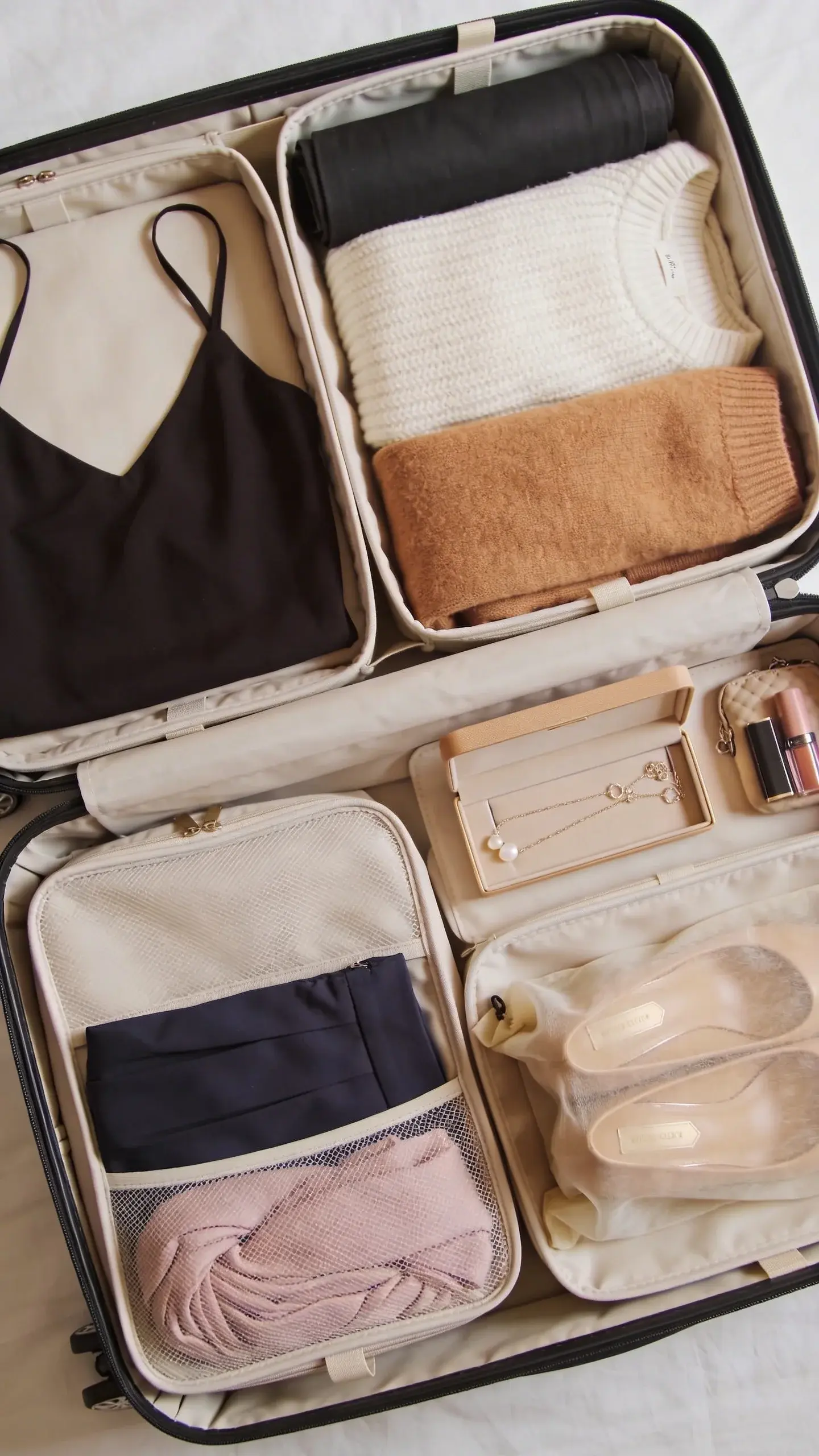 Minimal suitcase top-down shot: compact carry-on open with organized packing cubes in neutral tones. Visible items: rolled black slip dress, ivory knit, camel sweater, navy skirt, blush scarf tucked in a mesh pocket, slim jewelry case, nude heels in dust bag, and a small cosmetic pouch. Clean, balanced composition.