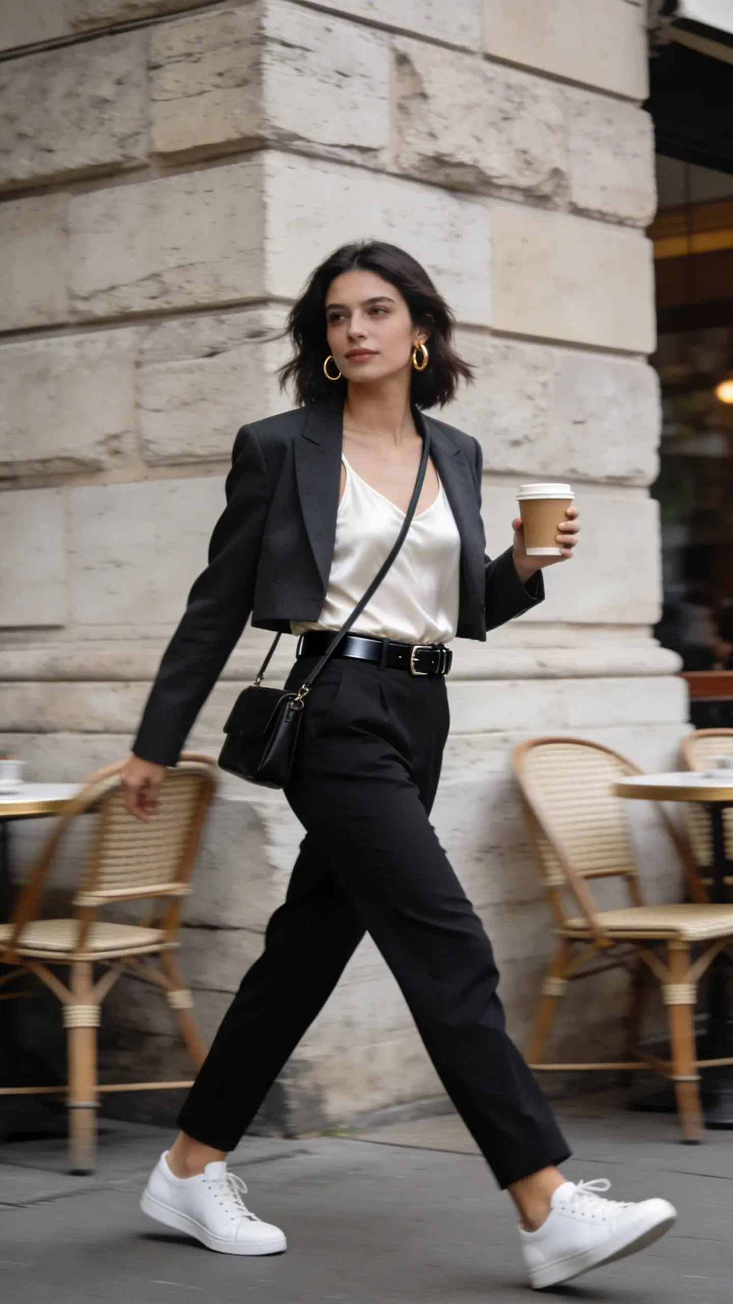 Street style scene in a European city: woman wearing tailored black trousers, ivory silk tank, cropped charcoal blazer, white leather sneakers, slim black belt, black crossbody bag, gold hoops; holding a coffee, walking past a stone facade and cafe chairs; soft overcast lighting, refined color palette, motion captured mid-step.