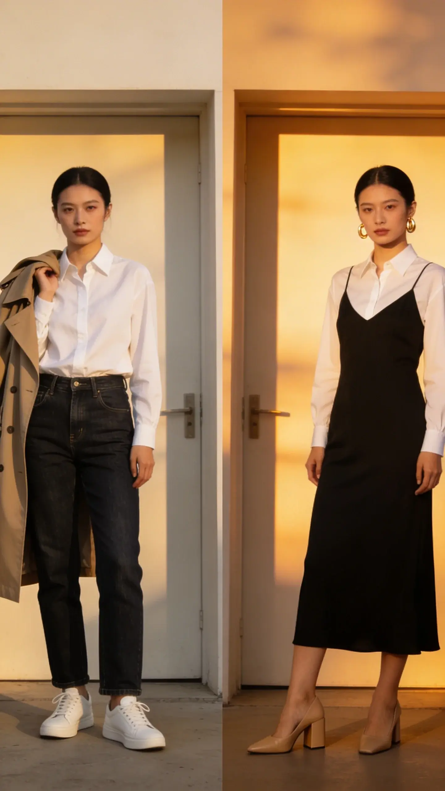 Day-to-night transformation split-scene: left panel daytime look with white blouse tucked into dark indigo straight-leg jeans, white sneakers, trench draped over shoulders; right panel evening look with the same blouse under a black slip dress, nude block heels, gold earrings, hair sleek; both panels shot against the same minimalist doorway, golden hour light.
