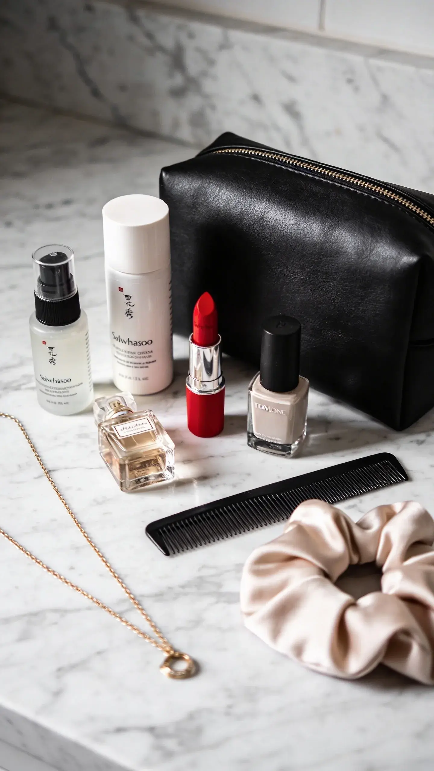 Hotel bathroom vanity still life: compact, curated beauty essentials laid out—travel-size skincare bottles, red lipstick as the bold accent, mini perfume, neutral nail polish, slim comb, delicate gold necklace, and a silk hair tie—next to a black leather cosmetics pouch; marble countertop, soft diffused lighting, no labels shown.