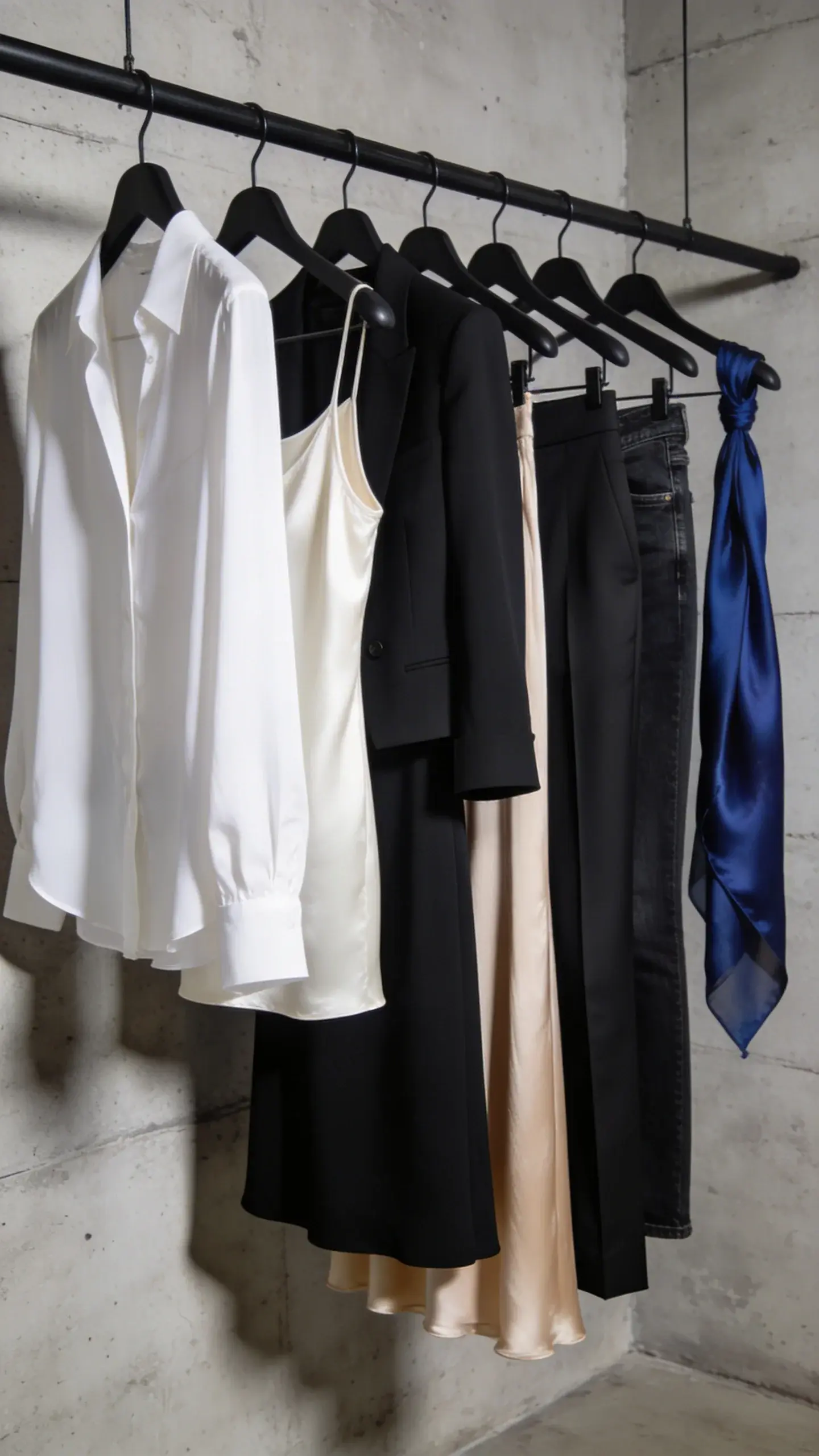 Close-up of a capsule color story on a clothing rack: garments spaced evenly—white blouse, ivory silk tank, black cropped blazer, black midi dress, champagne slip skirt, tailored black trousers, dark jeans; a single cobalt silk scarf hanging at the end as the accent; matte black hangers, concrete wall background, side lighting for texture.