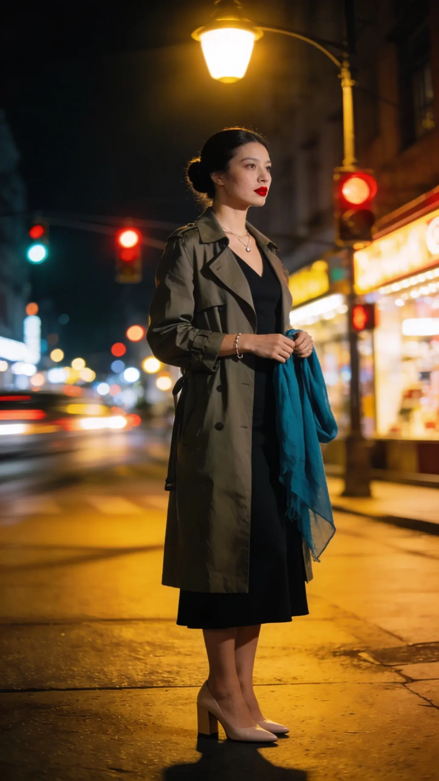 Night out city backdrop: woman in a black midi dress with a lightweight trench, nude block heels, sleek bun, bold red lip; standing under warm streetlights with blurred bokeh traffic, holding the cobalt scarf loosely; minimal jewelry glinting, confident posture, cinematic composition.