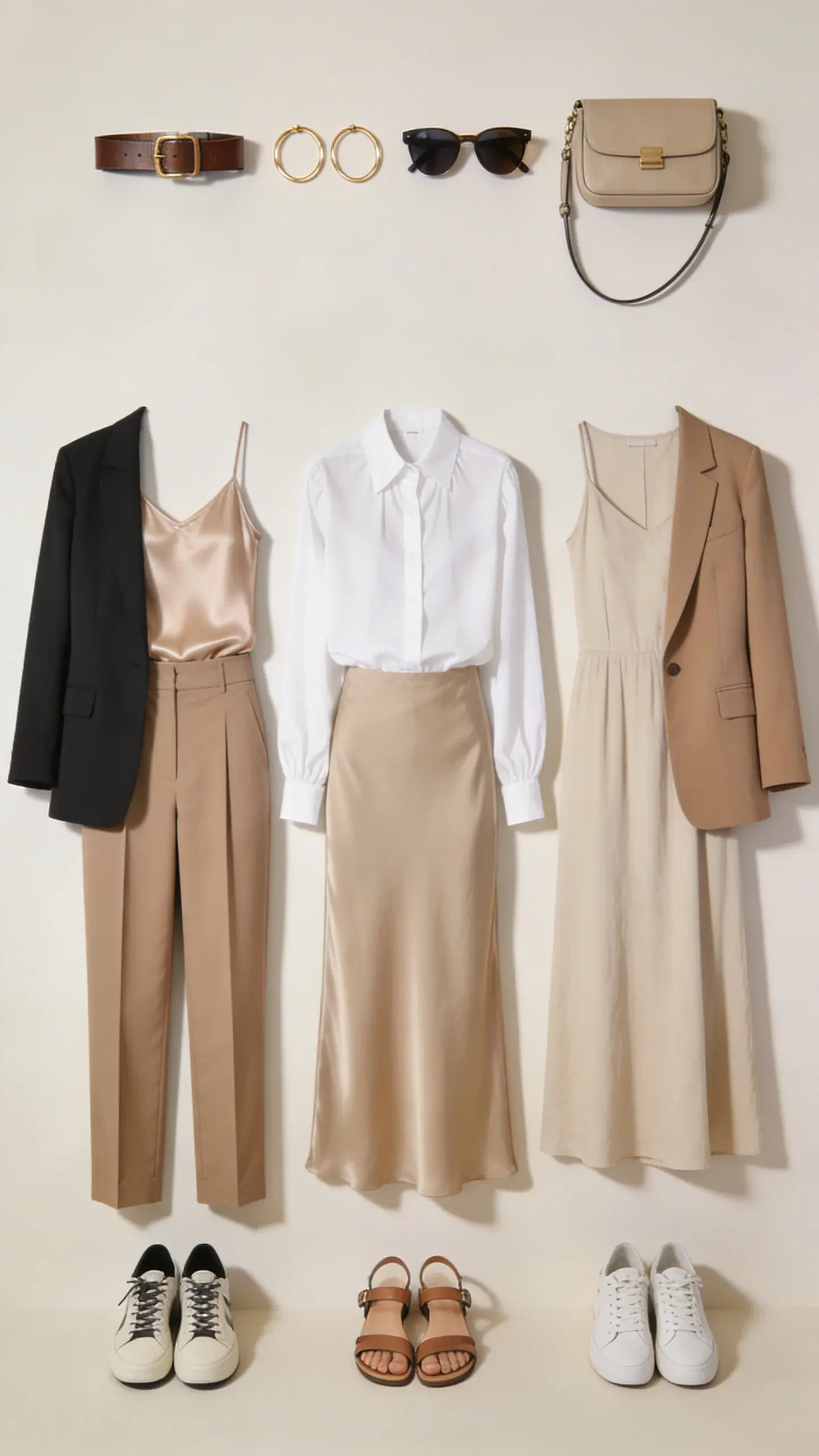 Flat lay of outfit formulas labeled by arrangement (no text on image): three complete looks assembled visually—Look 1: trousers + silk tank + blazer + sneakers; Look 2: slip skirt + white blouse + sandals; Look 3: midi dress + sneakers with blazer; accessories arranged consistently at the top edge (belt, gold hoops, sunglasses, crossbody bag), neutral background, soft shadows.