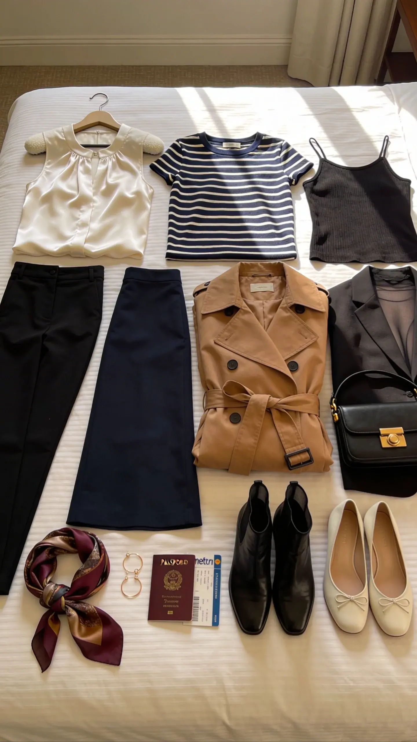 A neatly arranged flat lay on a cream hotel duvet: capsule wardrobe in black, cream, and navy. Includes a silky cream blouse on a padded hanger, a navy-and-cream Breton striped top, a black fine-knit tee, a black slip dress, slim black trousers, a navy midi skirt, a camel trench coat folded with belt tied, a black blazer, sheer black tights, low black leather ankle boots, cream leather ballet flats, a black crossbody bag with gold hardware, a silk scarf in muted jewel tones, minimalist gold hoop earrings, a passport, and a metro ticket. Soft morning window light, no text.