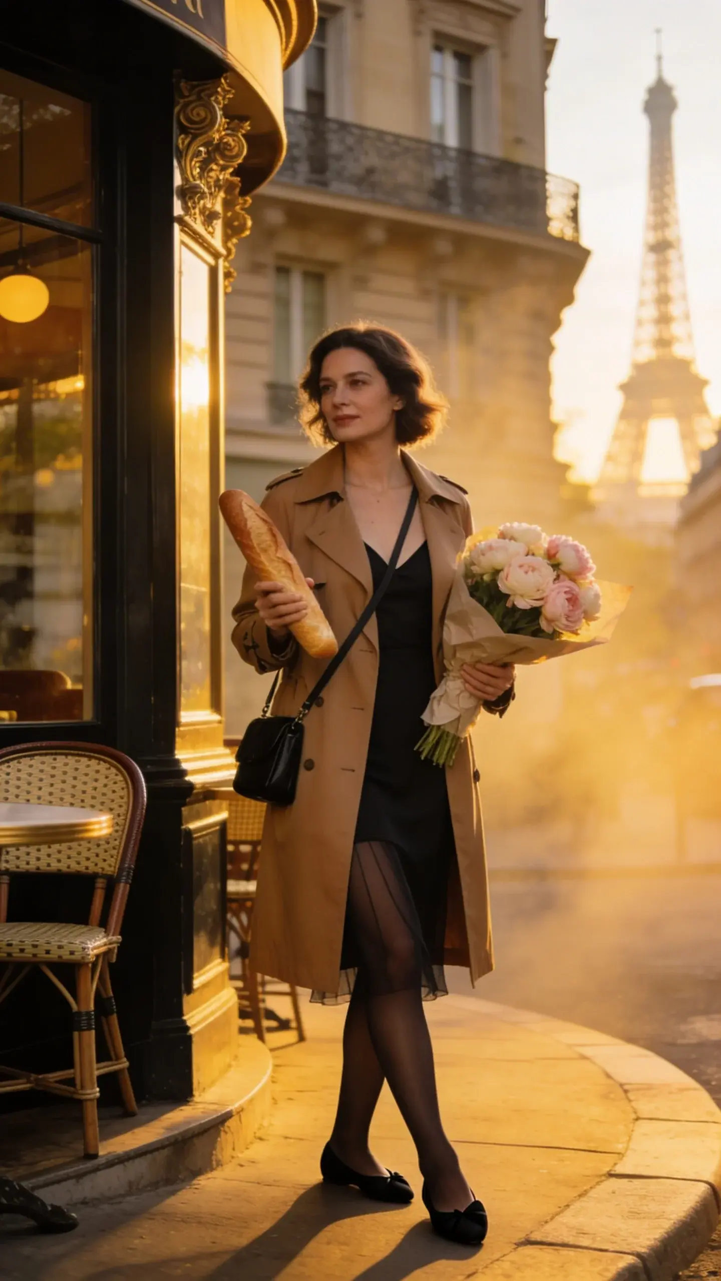 Street scene in Paris near a corner café at golden hour: an elegant woman (mid-30s, chic, understated) wearing a camel trench over a black slip dress, sheer tights, black ballet flats, and a black crossbody bag. She carries a baguette and a bouquet of peonies wrapped in paper. Background shows bistro chairs, Haussmann building details, and a faint Eiffel Tower silhouette in the distance. Warm tones, cinematic, no text.