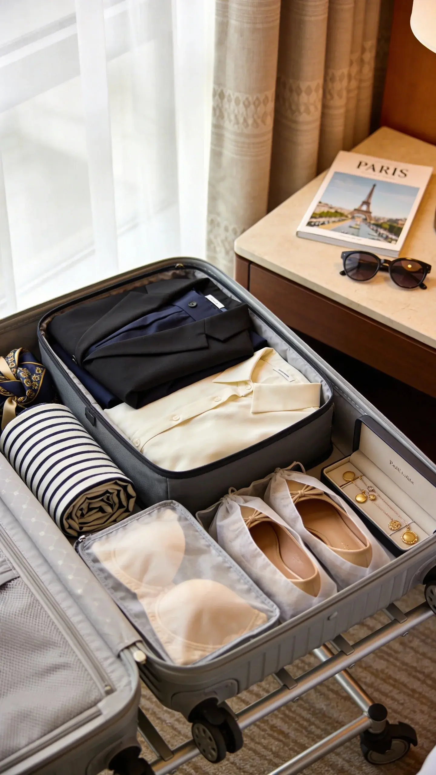 Hotel room vignette: open carry-on suitcase on a luggage rack with a perfectly folded mini capsule in a tight palette—black blazer, navy trousers, cream blouse in a packing cube, striped top rolled, silk scarf tucked in a corner, underwear pouch, two pairs of shoes in dust bags, and a slim jewelry case with gold pieces. A Paris guidebook and sunglasses on the nightstand, sheer curtains with soft daylight. No text.