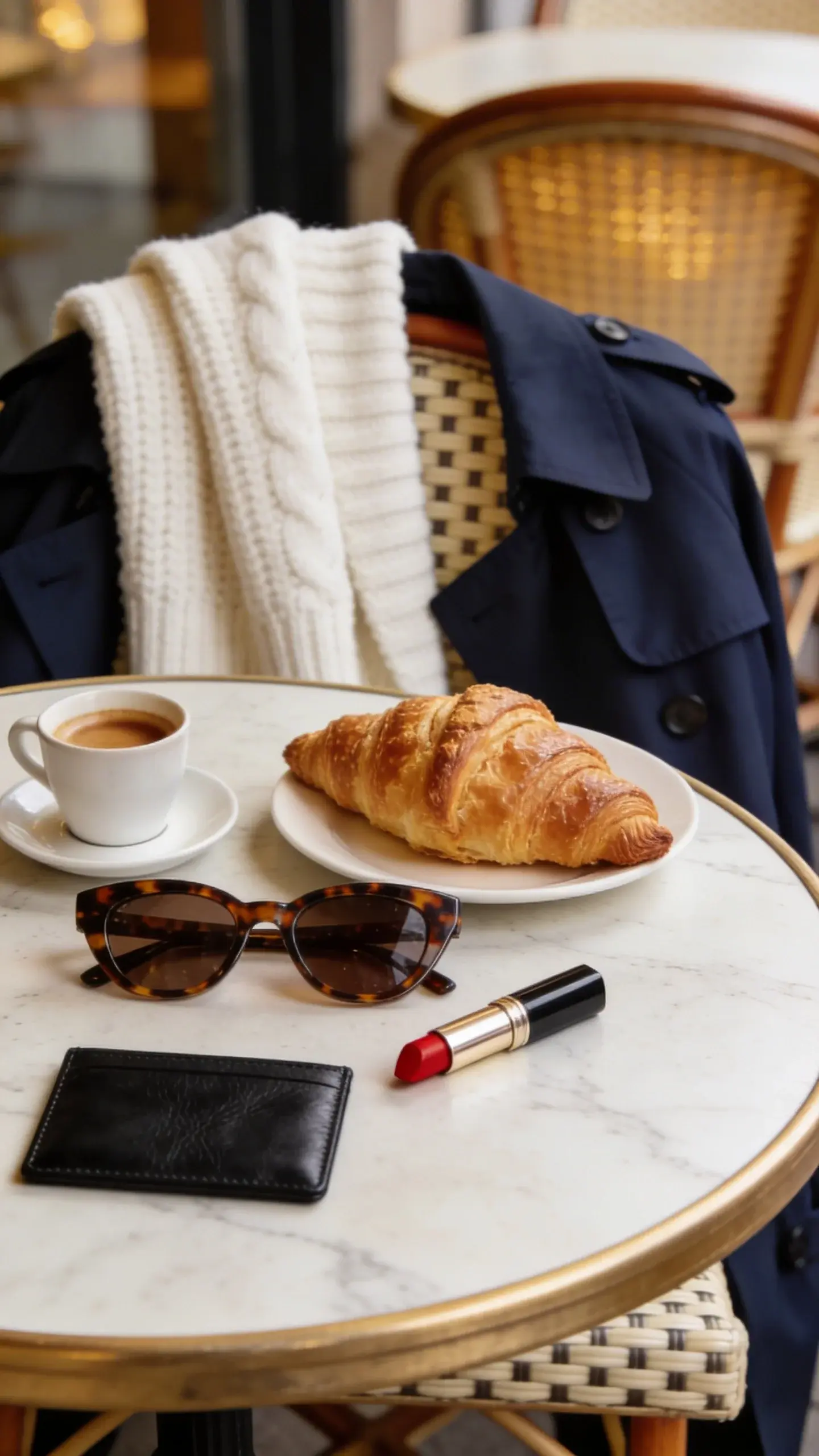 Café breakfast table close-up: marble tabletop with a flaky croissant, small espresso, a pair of tortoiseshell sunglasses, red lipstick, and a black leather cardholder beside a folded navy trench and cream knit draped over a bistro chair. Neutral palette, shallow depth of field, morning ambiance. No text.