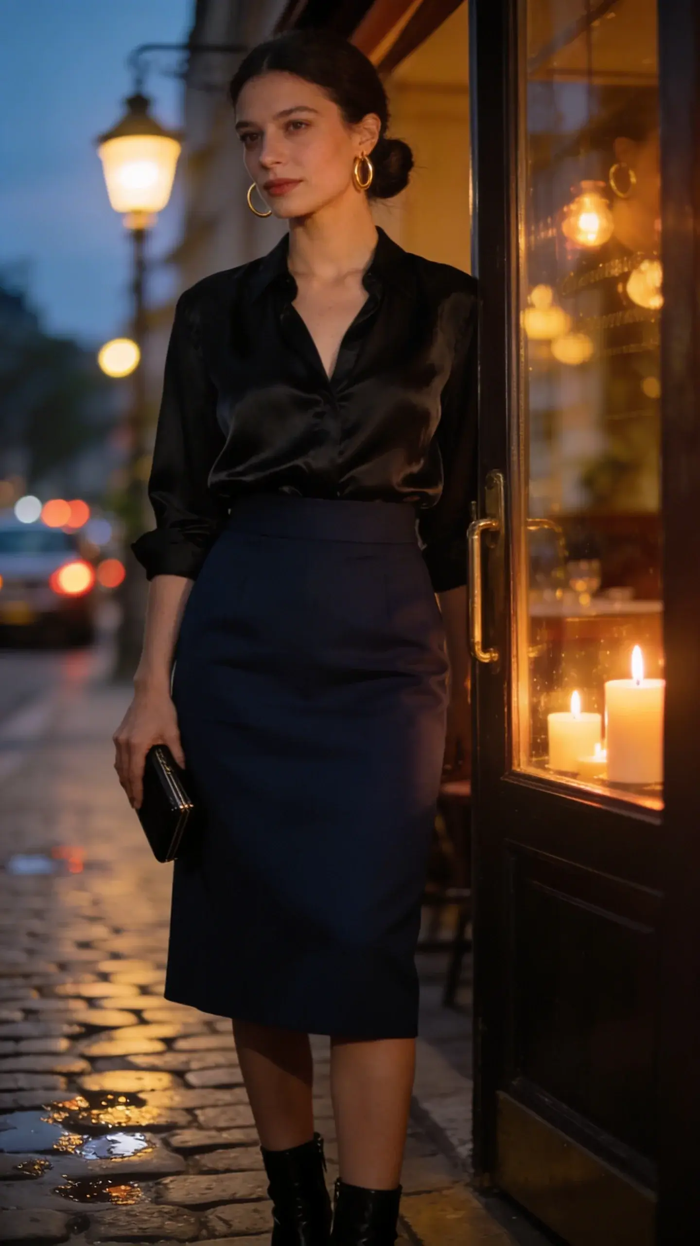Evening look outside a candlelit restaurant doorway: the same elegant woman wearing a black silky blouse tucked into a navy midi skirt, black ankle boots, gold hoops, hair in a low bun, holding a compact black clutch. Warm reflections on the glass door, subtle street reflections, cobblestones glistening slightly as if after rain. No text.