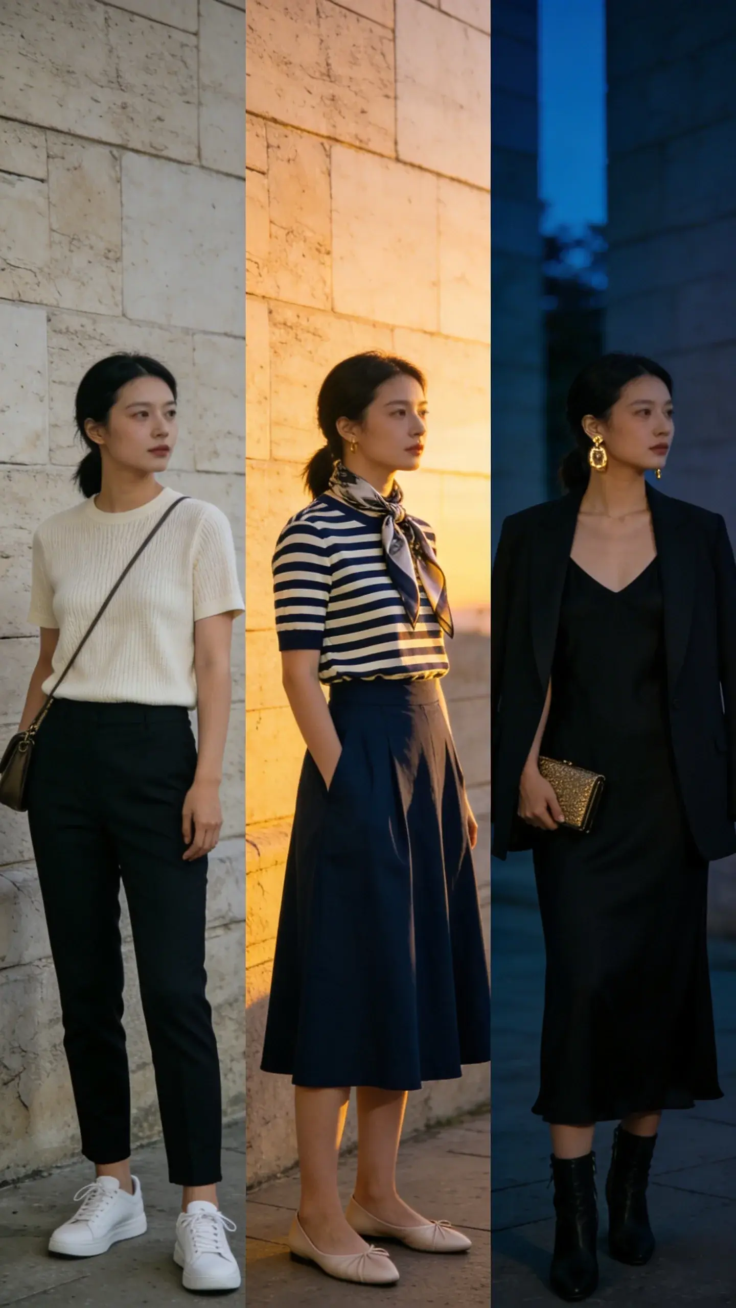 Day-to-night transformation sequence in a single image: three mannequins or styled outfits against a limestone wall. Left: cream knit tee, slim black trousers, white sneakers (clean, minimalist), crossbody bag. Middle: striped navy-and-cream top tucked into navy midi skirt, ballet flats, silk scarf at neck. Right: black slip dress with blazer draped over shoulders, ankle boots, small clutch, gold earrings. Consistent palette, no text.