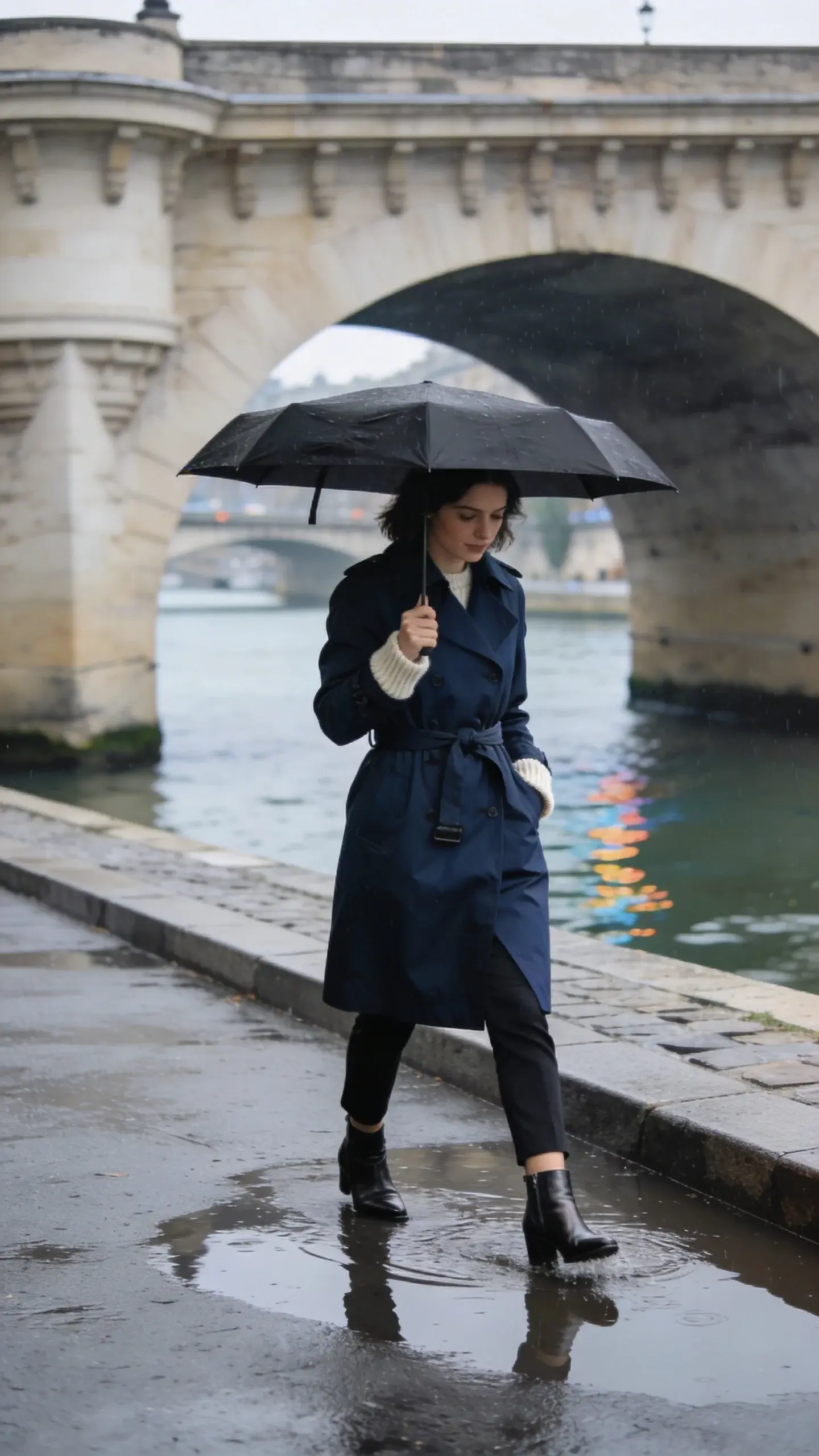 Rain-ready chic near the Seine: woman with a navy trench belted, black trousers, cream sweater peeking at cuffs, low-profile black umbrella, and leather ankle boots stepping over a puddle. Stone bridge and river in soft focus, muted gray-blue palette, reflections on wet pavement. No text.
