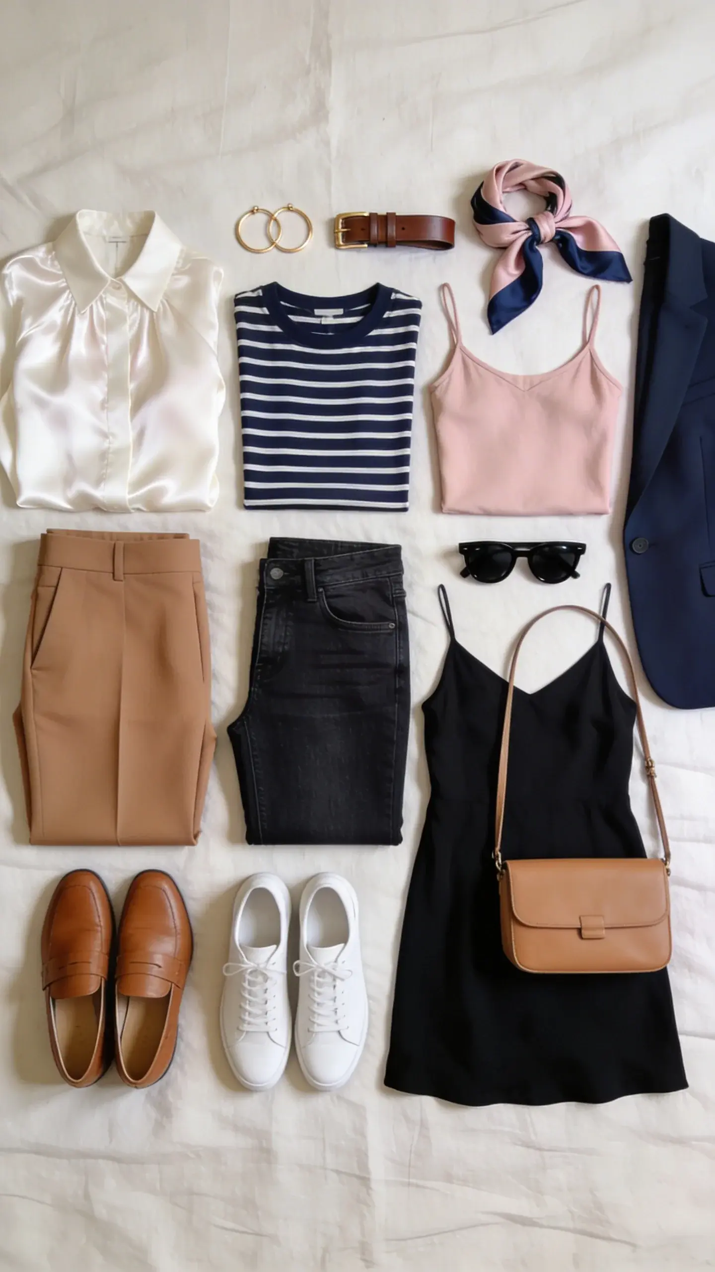A neatly arranged flat lay on a light linen bedspread showing a cohesive 3-day capsule: three tops (ivory silk blouse, striped navy tee, blush camisole), two bottoms (tailored camel trousers, dark-wash straight jeans), one little black slip dress, two pairs of shoes (tan leather loafers and minimalist white sneakers), one outer layer (navy blazer), and smart accessories (gold hoops, slim leather belt, silk scarf in blush and navy, structured camel crossbody, black sunglasses). Soft morning light, no text.