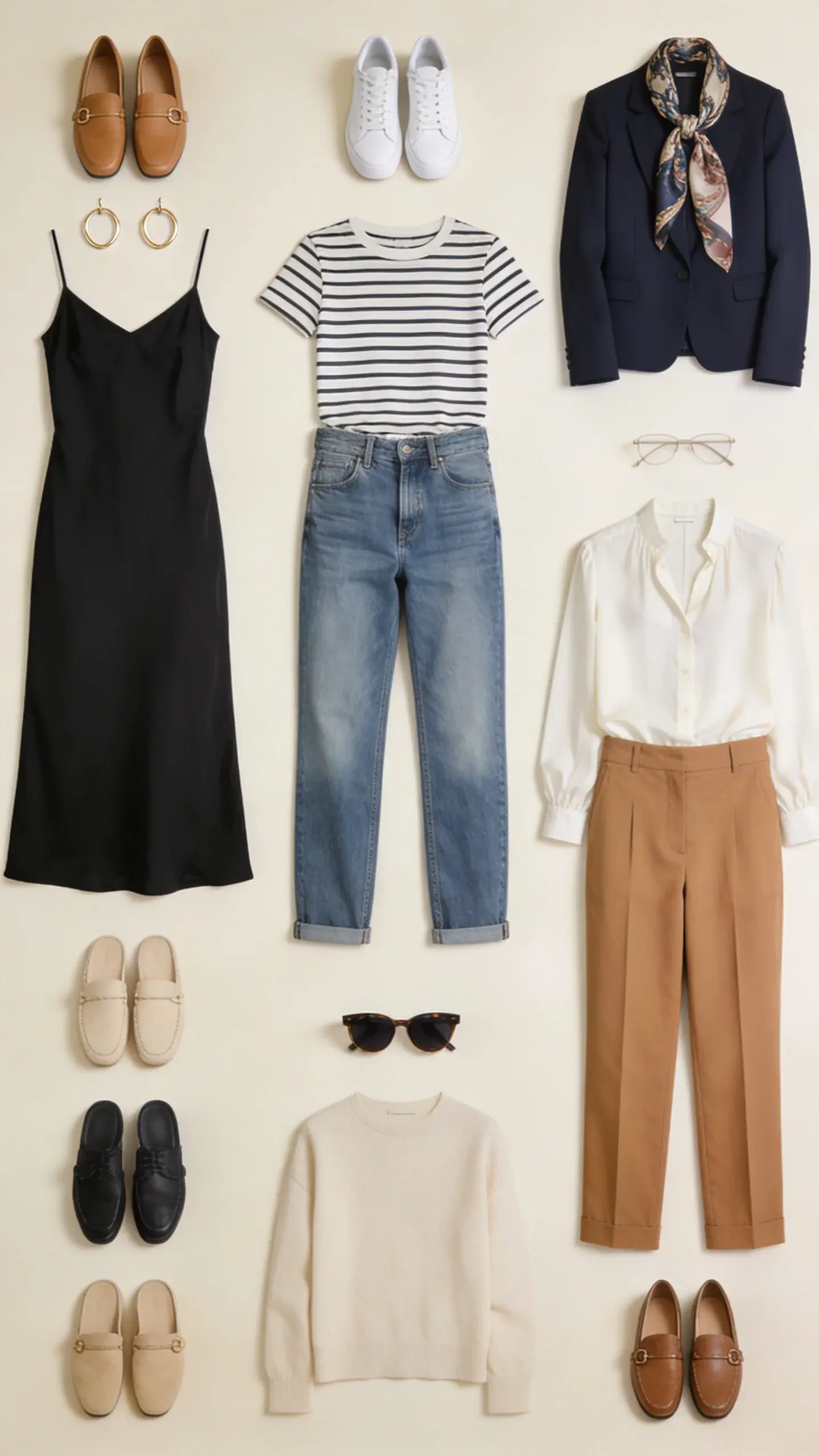A mix-and-match outfit grid on a cream background: nine combinations created from the same capsule. Each outfit laid out with shoes and accessories—e.g., black slip dress with tan loafers and gold hoops; jeans with striped tee, navy blazer, white sneakers, silk scarf; camel trousers with ivory blouse, loafers, sunglasses. Clean, overhead shot, balanced spacing.