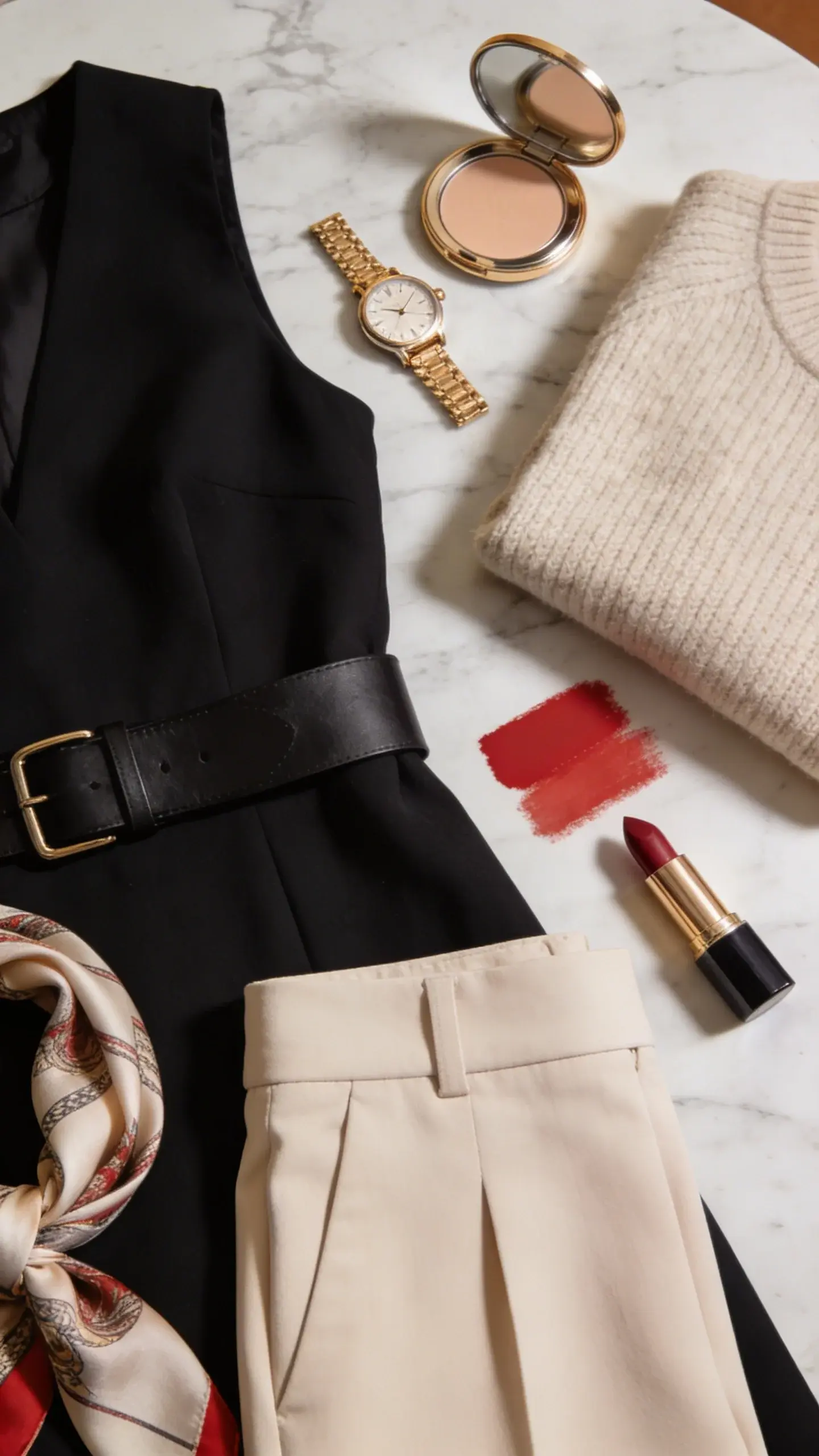 Close-up of a “color story” trio: swatches and garments in black (sleek black dress and belt), light neutral beige (cashmere sweater and trousers), and accent red (silk scarf and lipstick tube). Arranged artfully on a marble tabletop with a gold watch and a compact mirror for polish. Warm, elegant lighting.