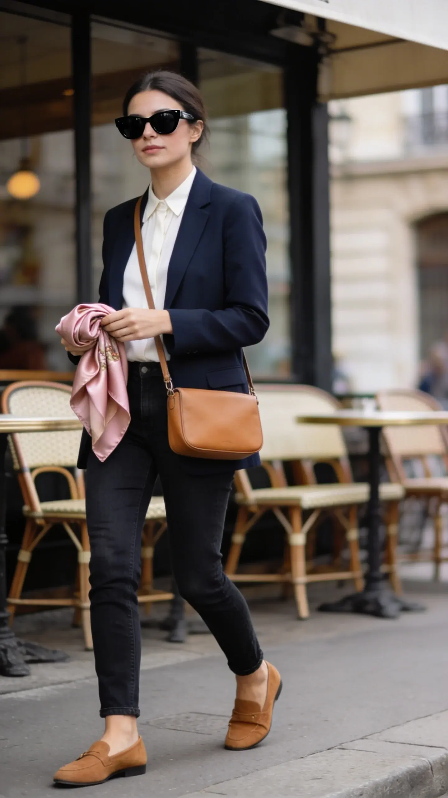 A weekend city scene: stylish woman wearing dark jeans, ivory blouse, navy blazer, tan loafers, and black sunglasses, carrying a camel crossbody. Background of a European-style street café with bistro chairs; she holds a folded blush silk scarf in hand. Minimalist, timeless vibe.