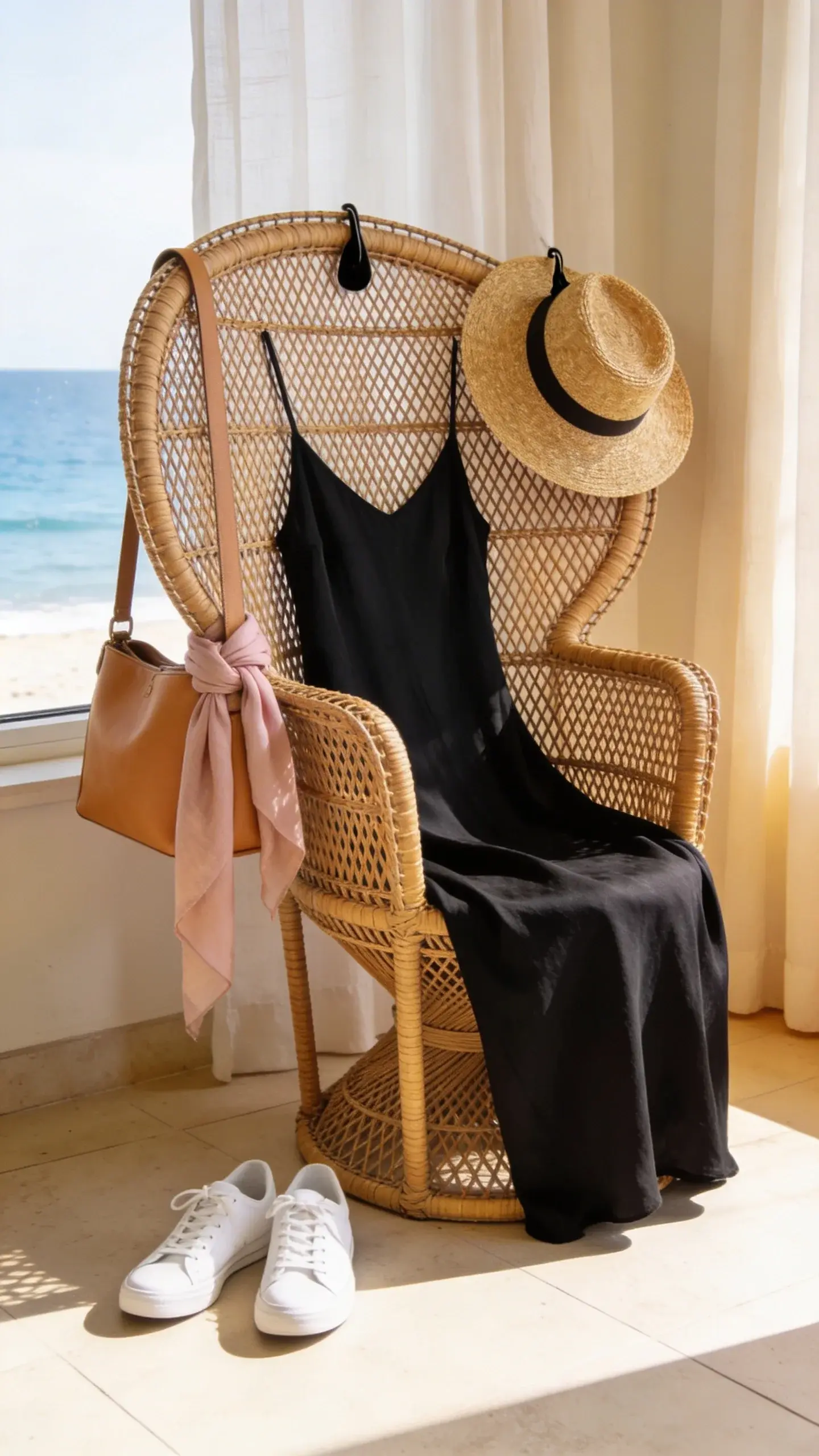 Beachy afternoon look on a chair: black slip dress draped over a woven rattan chair, white sneakers on the floor, straw hat hanging on the chair back, blush scarf tied to a camel handbag. Sunlit room with pale curtains and a hint of ocean outside a window. No text.