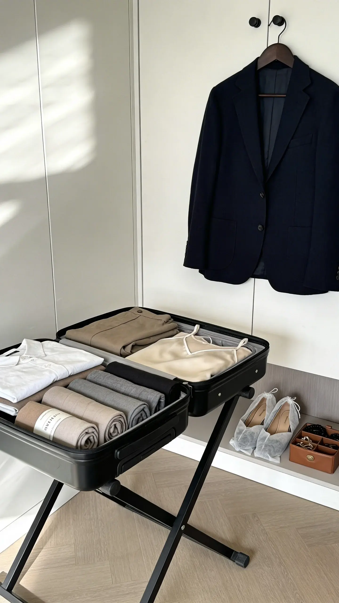 Minimal hotel room scene: open carry-on on a luggage rack, neatly packed capsule visible—rolled tees, folded trousers, slip dress in a garment sleeve, navy blazer on a hanger on the closet door, shoes in dust bags, accessories in a small leather organizer. Clean, luxurious feel.