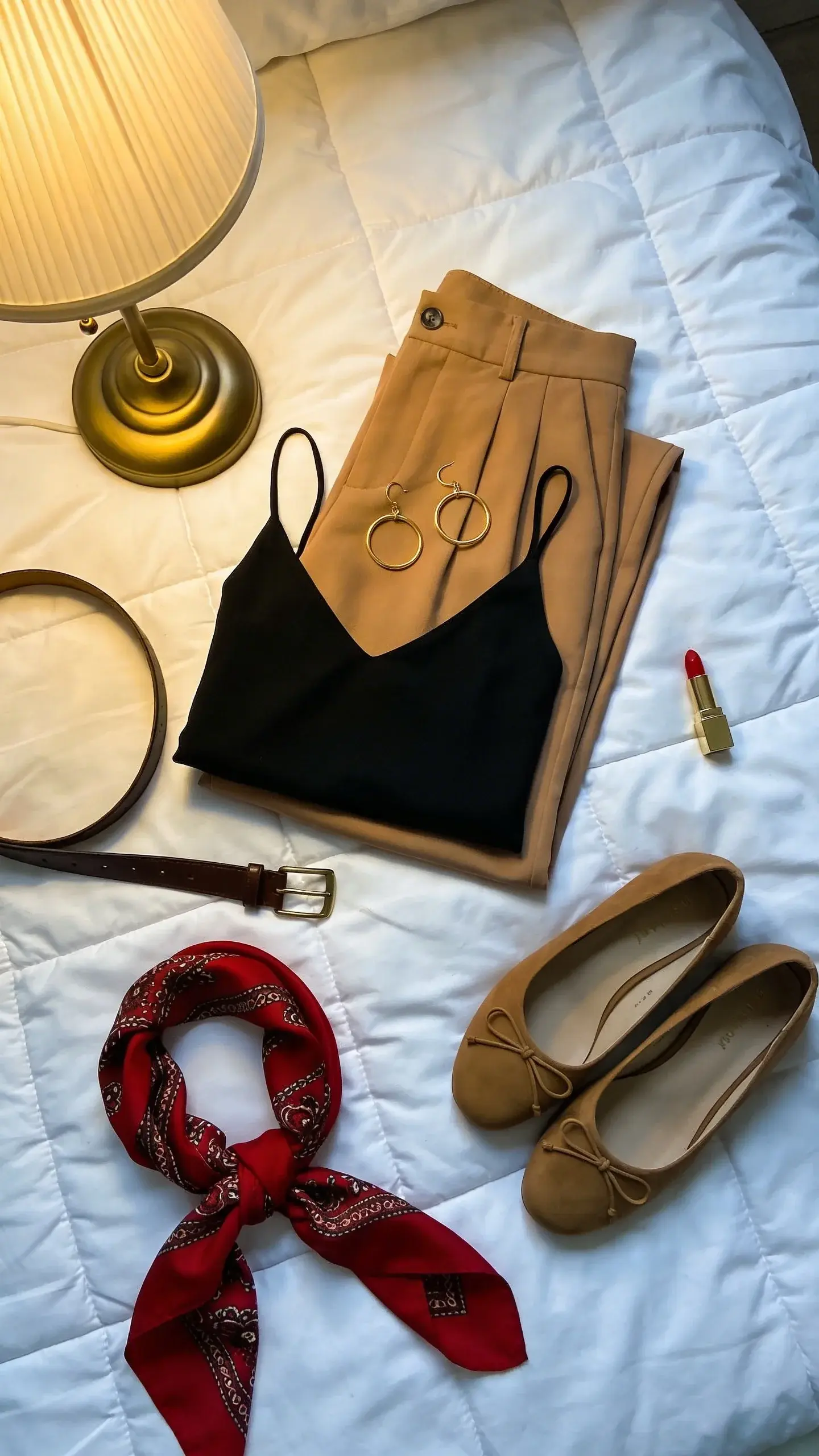 Elegant dinner outfit flat lay: camel trousers, black slip dress styled as a top (folded to show neckline), gold hoop earrings, slim leather belt, tan loafers, red silk scarf knotted, and a red lipstick. Laid on a crisp white duvet with evening lamp glow.