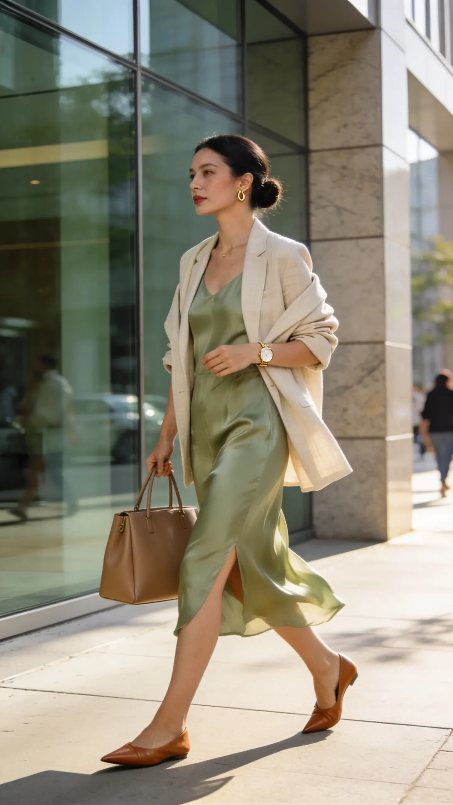 Realistic high-fashion street-style photo of an elegant woman in her late 20s to early 40s exuding “I have my life together” energy, walking confidently on a sunlit city sidewalk outside a modern office building with glass and stone. She wears a breezy, unstructured linen blazer in soft beige draped over a floaty silk midi dress in muted sage with a subtle slit and gentle movement in the breeze. Footwear: pointed-toe flats in tan leather. Accessories: structured taupe leather tote carried in hand, delicate small gold hoop earrings, slim classic gold watch. Hair: sleek low bun; makeup: natural, polished glow. Light, summery color palette with warm neutrals and soft greens. Styling details: blazer sleeves casually pushed up, dress skimming the body without clinging. Scene includes gentle late-morning sun, soft shadows, and a hint of city life (blurred pedestrians, muted traffic) for realism. Emphasize premium fabric textures (linen weave, silk drape, smooth leather), elegant posture, and a candid mid-stride moment. Shot on a full-frame camera, 85mm lens at f/2.0 for creamy background bokeh, high-resolution, editorial quality, no text.