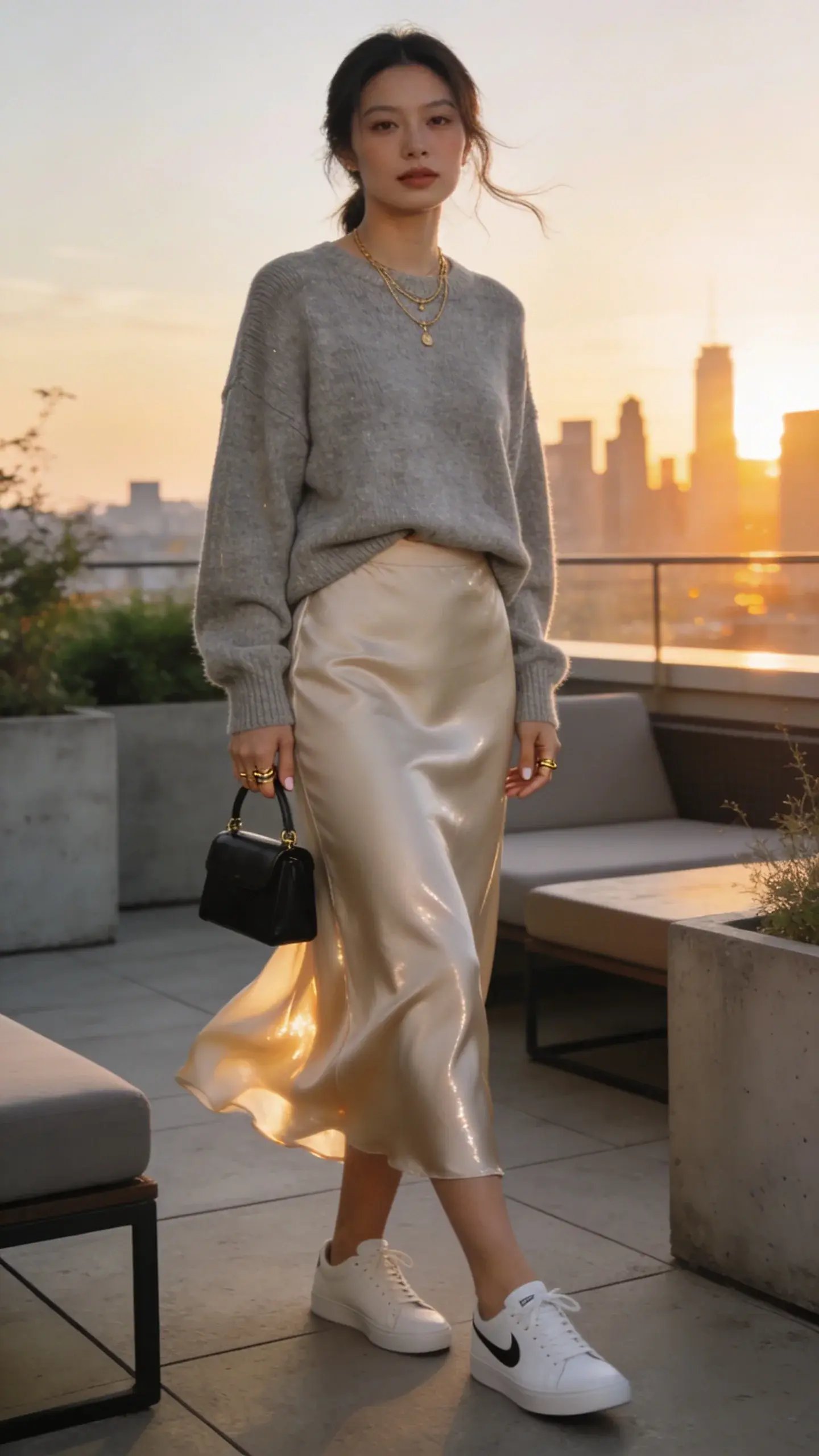 Golden-hour rooftop scene featuring an elegant woman in a late-summer outfit: a champagne-colored, bias-cut silk slip skirt that hits mid-calf paired with a lightweight, slightly oversized heather-gray cashmere-blend crewneck sweater lightly front-tucked to define the waist. She wears clean white low-profile leather sneakers (no logos), delicate layered gold necklaces, and carries a small black mini top-handle bag with structured shape. Hair is softly pulled back with loose tendrils, minimal glowy makeup. Composition captures natural movement as the skirt drapes and catches the light; warm sunset tones reflecting off city skyline in the background, soft breeze suggested. Styling details: fine-knit texture visible, subtle sheen on the skirt, dainty gold rings, neutral short nails. Photographed at eye level on a modern rooftop lounge with concrete planters and muted outdoor furniture, shallow depth of field, high-resolution, realistic editorial fashion photography, soft directional lighting, no text.
