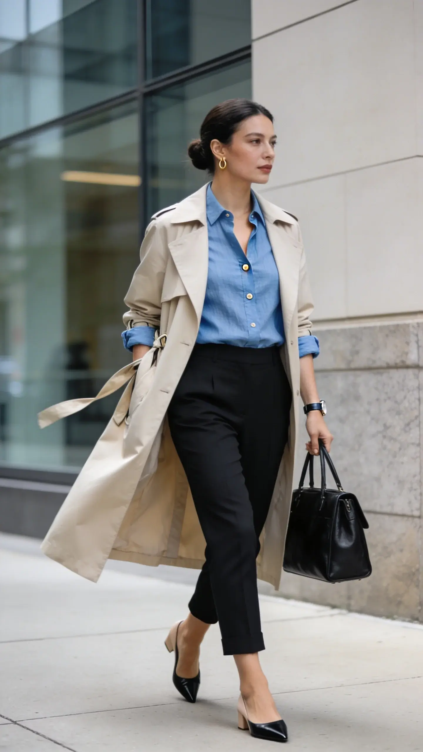 Realistic high-quality street-style photo of an elegant woman in her late 20s to early 40s (main subject: chic, sophisticated, elegant woman) wearing a crisp sky-blue linen button-up shirt with the top two buttons undone and sleeves neatly rolled to the elbow, layered under a lightweight beige trench coat left open and belted loosely at the back. She pairs it with black cropped tailored trousers that skim the ankle, revealing pointed leather flats in black (or low nude block heels). Accessories include simple small gold hoop earrings, a structured medium-size black leather satchel carried in-hand, and a slim watch. Hair is smooth in a low bun; natural, polished makeup with a soft matte finish. Setting: bright overcast summer-in-the-city morning outside a modern office building with glass and stone, subtle breeze giving the trench slight movement. Composition: three-quarter body shot at eye level, subject mid-stride on a clean sidewalk, soft directional light, shallow depth of field with creamy bokeh. Color palette: neutrals with a cool blue pop from the shirt. Texture details visible: linen weave on shirt, gabardine trench, crisp trouser creases, leather sheen on shoes and satchel. Mood: classic, crisp, weather-ready. No text. Photorealistic, 50mm lens look, high resolution.