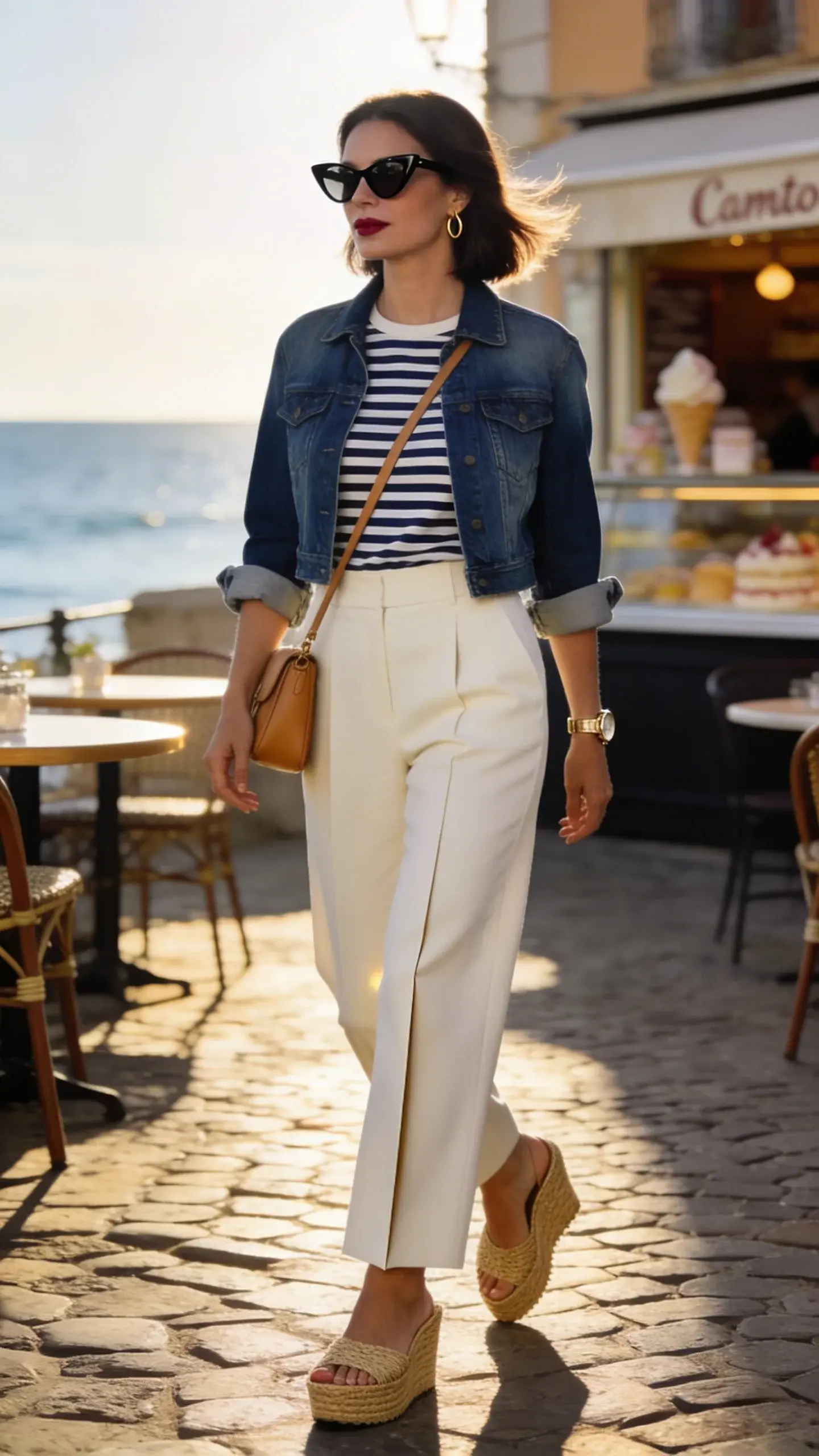 Golden-hour street scene in a chic European seaside town, featuring an elegant woman in her late 30s exuding French-girl sophistication. She wears a mid-wash, slightly cropped denim jacket with the sleeves casually cuffed, over a classic navy-and-ivory Breton striped fitted tee fully tucked into high-waisted, ivory wide-leg trousers with a sharp front crease. On her feet: natural jute wedge espadrilles. Accessories: slim tan leather crossbody bag worn across the body, vintage-inspired black cat-eye sunglasses, delicate gold hoop earrings, and a minimal gold watch. Her hair is a loose, polished bob, lips with a soft berry tint. She’s mid-step on a cobblestone patio lined with bistro tables, a gelato shop softly blurred in the background, coastal breeze subtly moving her hair and trouser hem. Lighting is warm, cinematic, and realistic, with soft shadows and sun flare catching the denim texture and jute wedges. Color palette: navy, ivory, tan, and mid-wash blue. Full-body composition, shallow depth of field, high-resolution fashion editorial photography, no text.