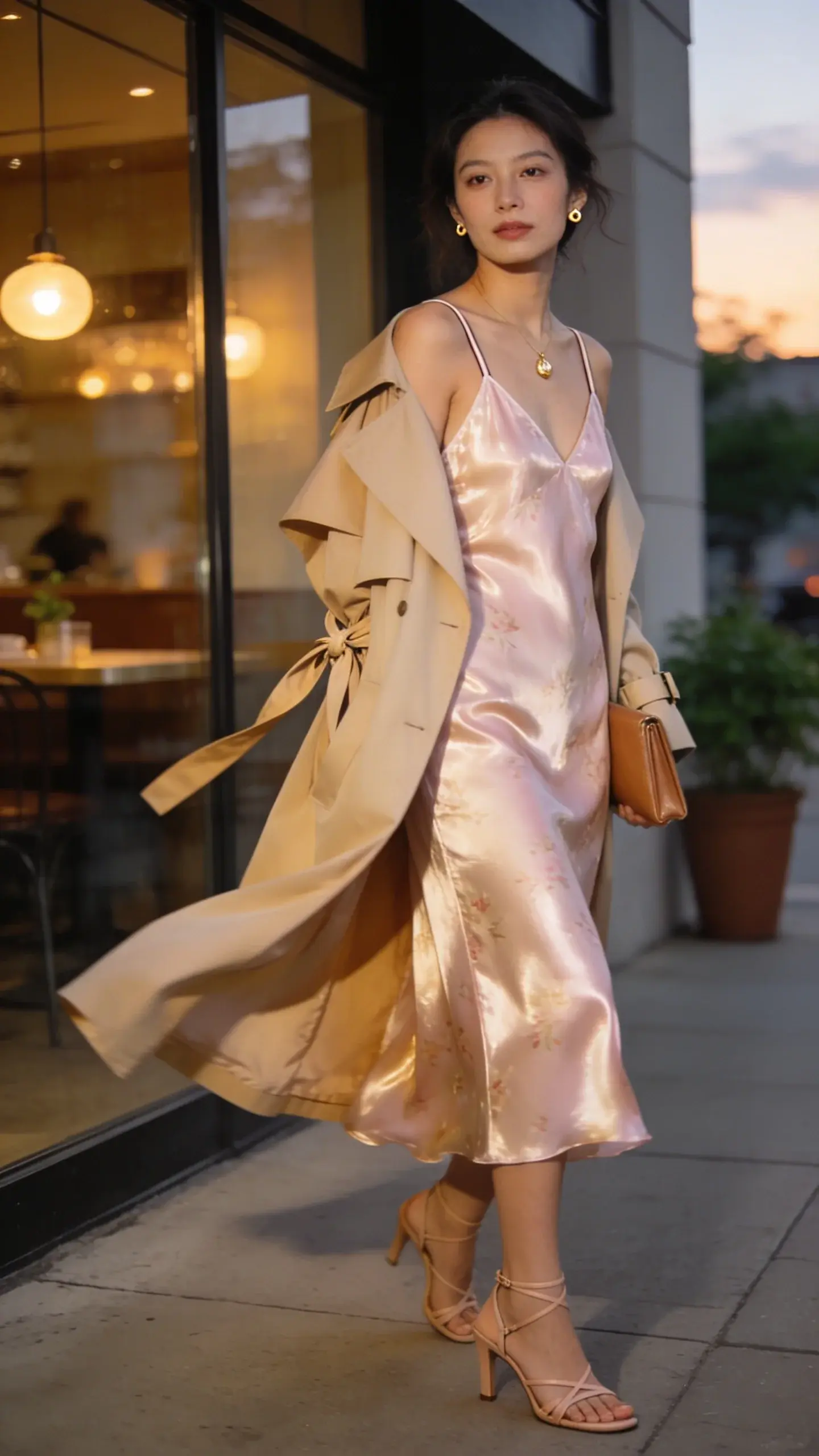 Realistic high-fashion street-style photo at golden hour featuring a woman wearing “The Light Trench + Slip Dress Magic Trick”: a floaty silk-satin slip dress in soft pastel blush with a subtle floral sheen, skim-hip length, midi hem, V-neckline, and delicate spaghetti straps, layered under a featherweight tan trench coat in a creamy beige with fluid drape, storm flap, and belt casually tied at the back. She pairs it with nude leather strappy low-heel sandals, a dainty gold pendant necklace, and tiny gold stud earrings, carrying a slim tan leather clutch. Wind gently lifts the trench for movement, while the slip dress gleams softly. Setting: a chic city sidewalk outside a minimalist restaurant with warm interior lights and glass, hints of potted greenery, and soft evening sky. Lighting is natural and warm with soft shadows, creating an airy yet polished mood. Composition: three-quarter body, eye-level angle, shallow depth of field, background softly blurred. Color palette: creams, blush, tan, and gold accents. Skin has natural glow, hair softly undone. Photographic detail: high-resolution, crisp fabric textures, realistic skin tones, no text, editorial street-style aesthetic.