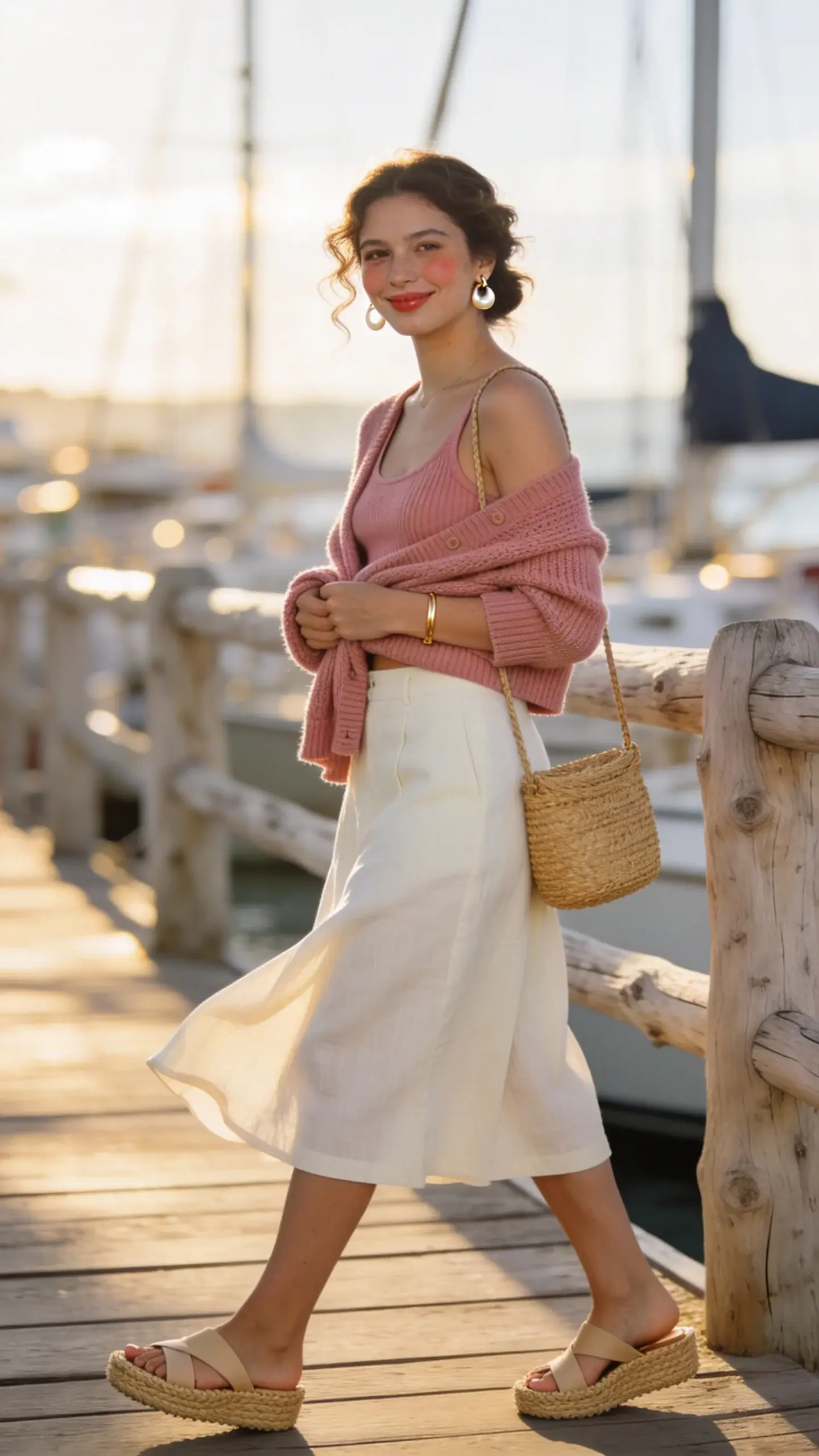 Realistic lifestyle fashion photo of a woman in a “cold summer” coastal setting wearing a matching cardigan set: a fine-knit cropped cardigan and matching knit tank in petal pink, paired with a high-rise A-line linen skirt in cream. She’s styled with espadrille wedges in natural jute and soft beige leather, delicate pearl hoop earrings, a slim gold bracelet, and a woven straw shoulder bag. The scene is breezy and bright near a marina boardwalk with pale driftwood railings, sailboats blurred in the background, dappled sunlight and soft coastal haze. The knit texture is visible and slightly cozy while the overall palette stays light and feminine. Natural makeup with rosy cheeks, subtle gloss, and softly curled hair partially pinned back. She’s mid-step, relaxed, smiling, holding the cardigan slightly wrapped at the waist for warmth, skirt catching a gentle breeze. Photograph in golden late-afternoon light, shallow depth of field, full-body 3/4 angle, editorial street-style framing, high-resolution, true-to-life color, no text.