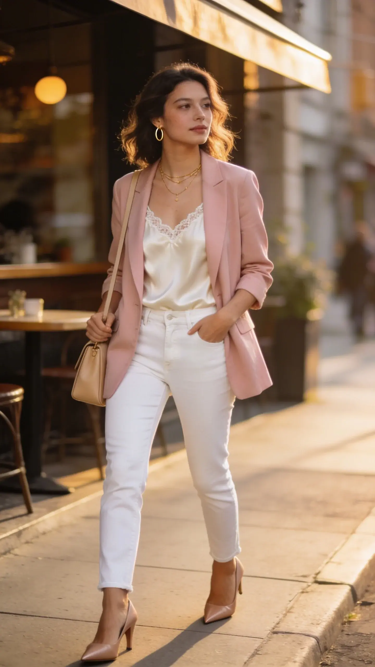 Golden-hour street style portrait of a woman in a soft, unstructured blush blazer over a cream silk camisole with delicate lace trim, styled with crisp straight-leg white jeans and nude pointed-toe slingbacks. She wears layered fine gold necklaces and thin gold hoop earrings, carries a minimalist sand-colored leather shoulder bag, and has effortless, slightly wavy hair. The look feels light and feminine yet polished, blending silky textures and airy shapes with the blazer’s gentle structure. Set on a chic city sidewalk outside a café, soft natural lighting, shallow depth of field, realistic skin texture and fabric detail, 35mm lens look, editorial fashion photography, no text.
