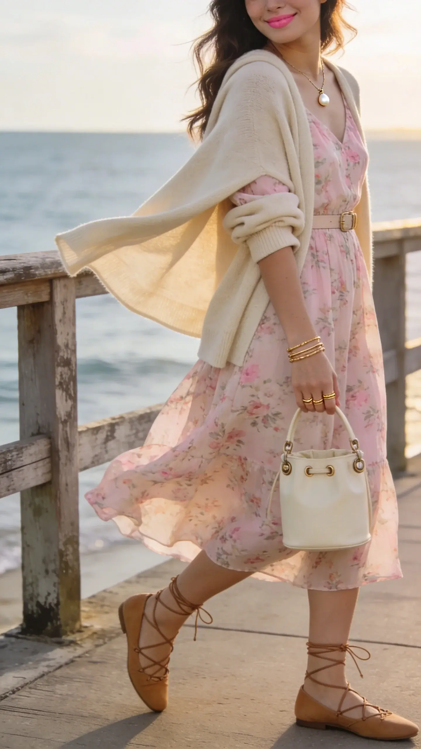 Golden-hour coastal boardwalk scene, realistic high-resolution photo of a woman wearing a romantic, floaty pastel floral midi dress with a soft A-line silhouette and a featherweight cashmere cardigan in sand draped over her shoulders, sleeves lightly pushed up. She pairs the look with tan lace-up flats that wrap delicately around the ankle, a slim charm necklace layered with fine stackable bracelets in gold, and carries a small cream bucket bag with understated hardware. Her hair is in loose waves, natural makeup with a soft pink lip. She’s mid-stride, cardigan catching a light breeze, dress moving softly, looking over her shoulder with a relaxed smile. Background features muted coastal tones: pale blue-gray sea, weathered wood railing, and soft, diffused sunlight for warmth without heaviness. Styling details: delicate belt at the waist to define the A-line, subtle pearl charm on necklace, minimalist gold rings. Color palette: blush, cream, sand, and tan with hints of gold. Shot on a full-frame camera, 85mm lens, shallow depth of field, natural light, editorial street-style composition, no text.