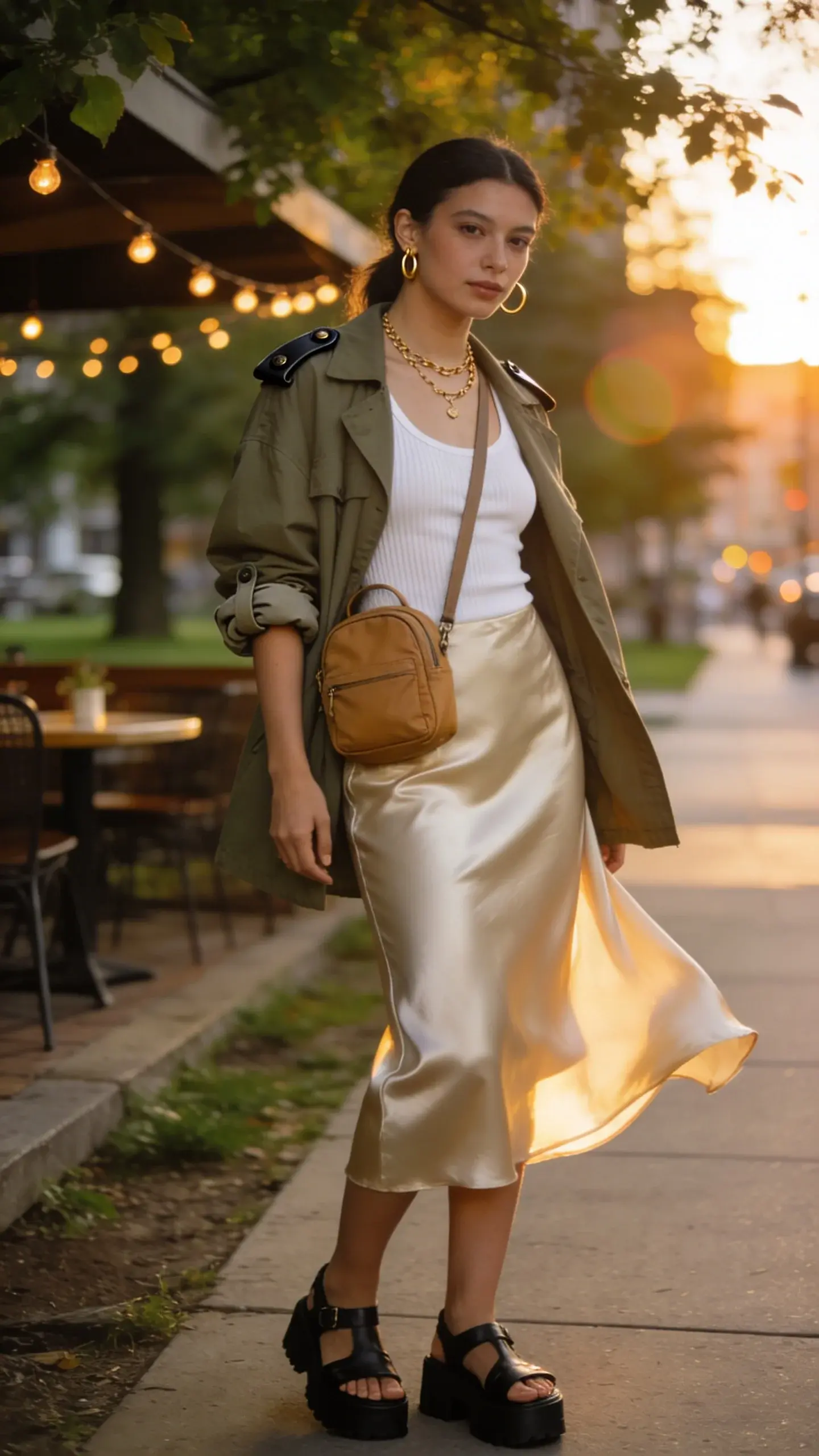 Golden-hour street scene of a stylish woman wearing a lightweight olive utility jacket draped open over a fitted white ribbed tank, paired with a bias-cut satin slip skirt in soft champagne that catches the light; she finishes the look with chunky black leather sandals, layered delicate gold chains, small gold hoop earrings, and a tan mini backpack worn crossbody. The jacket is slightly oversized with rolled cuffs and epaulettes, creating a subtle contrast against the fluid, feminine satin. She stands near a leafy park and café patio with string lights, a soft breeze lifting the hem of the skirt; background shows bokeh of city sidewalk, warm sunset tones, and subtle lens flare. Realistic high-resolution fashion photography, natural skin texture, warm neutral color palette, shallow depth of field, full-length composition angled slightly three-quarters, soft shadowing, editorial street-style vibe.