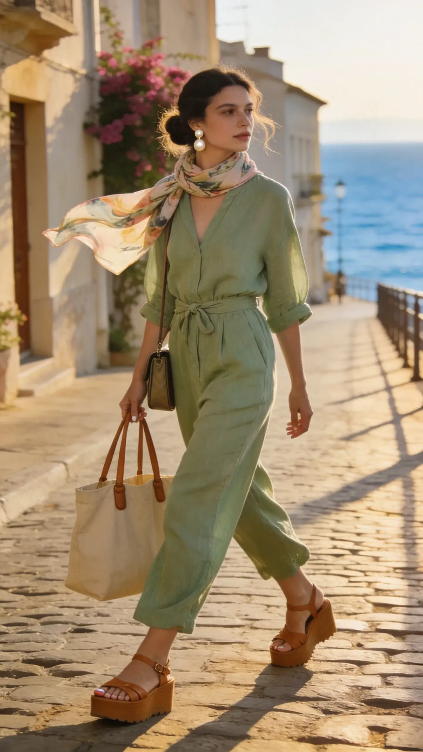 Realistic street-style photo of a woman wearing an airy linen-blend tencel jumpsuit with a cinched waist in a soft sage green, paired with a lightweight modal scarf in a summery abstract print casually looped at the neck; platform leather sandals in tan, pearl statement earrings, and a natural canvas tote with leather handles. She’s mid-stride on a sunlit cobblestone street near a coastal town promenade, late afternoon golden hour, soft breeze lifting the scarf slightly; light, feminine vibe despite cooler temps. Add a structured crossbody peeking under her arm as an alternative carry option. Minimal natural makeup, loose low bun with wispy pieces, neutral manicure. Background shows pale stucco buildings, bougainvillea, and a hazy blue sea, with long soft shadows. Photographed with a 50mm lens, shallow depth of field (f/2.8), crisp, high-resolution, natural lighting, no text, editorial fashion photography style.