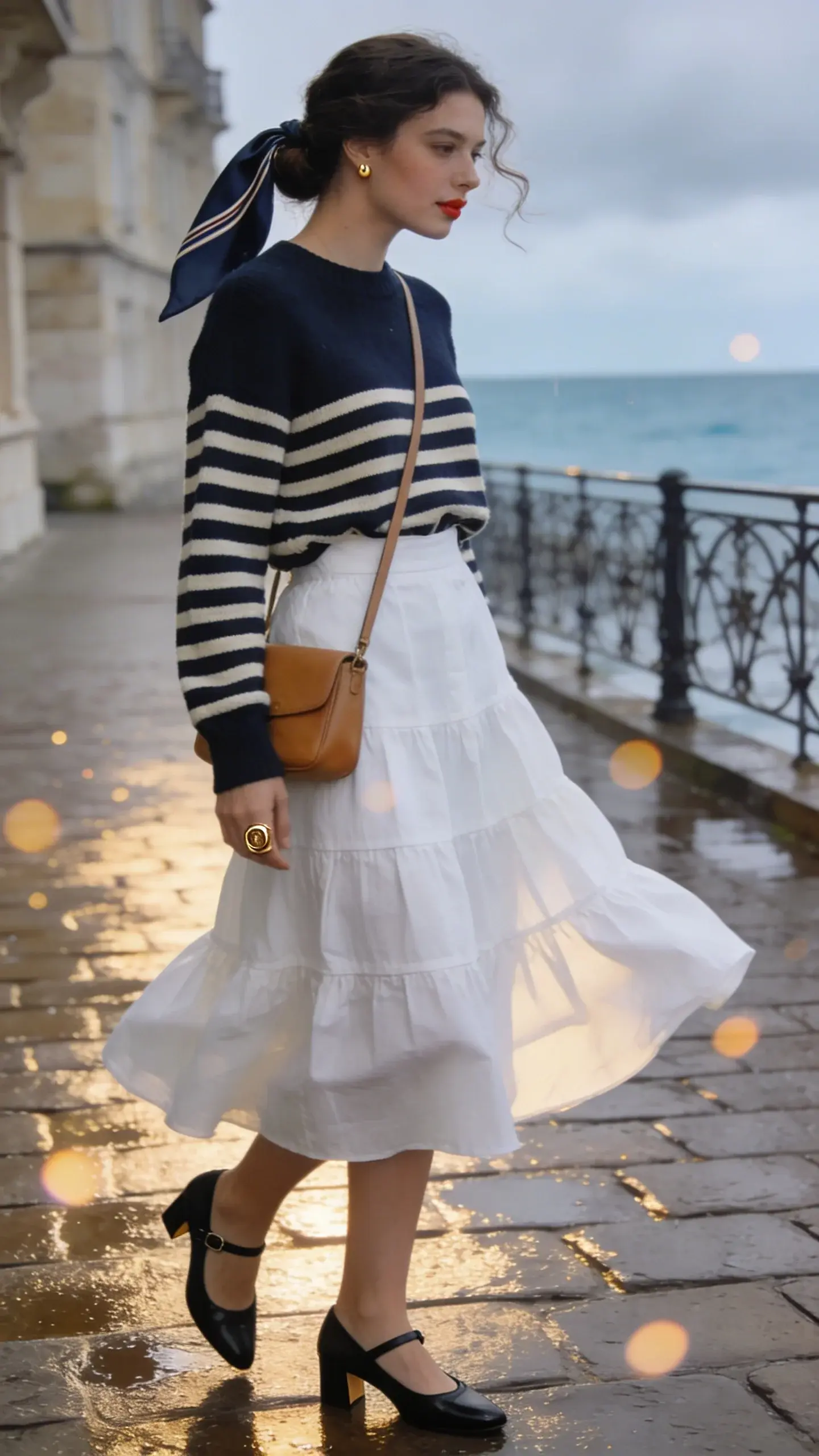 Realistic high-fashion street-style photo of a woman in a “French seaside” cold-summer look: a lightweight navy-and-ivory Breton striped knit sweater half-tucked into a white tiered poplin midi skirt that moves softly in a breeze. She wears black Mary Jane flats with a slight heel, a silk hair scarf in navy with a delicate stripe tied at the nape, and a small tan leather crossbody bag worn across the body. Jewelry is minimal: a gold signet ring and tiny gold stud earrings. The setting is a cool, overcast coastal promenade with pale stone buildings, soft blue-gray sea, and wrought-iron railings; scattered sun-flares on wet cobblestones hint at recent rain. Color palette: navy, ivory, white, tan, soft gold, black. Natural makeup with a rosy lip; hair in a loose low bun with soft tendrils. Photographed at golden hour after the rain, shallow depth of field, 50mm lens look, soft diffused lighting, realistic skin texture, crisp fabric detail, no logos, no text.