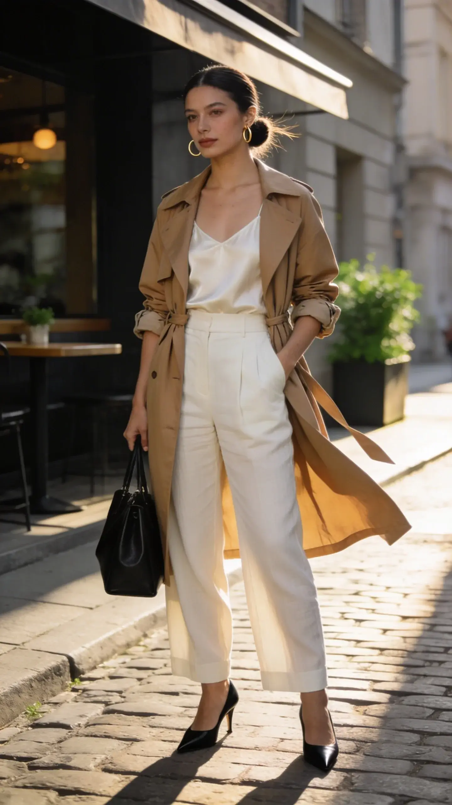 Elegant woman on a cool summer morning standing on a cobblestone city street outside a modern cafe, wearing a lightweight tan trench coat loosely belted with sleeves pushed to the elbows, high-waisted cream linen trousers with a soft tailored drape, and a silk camisole in ivory; pointed-toe black slingback flats, minimal gold hoop earrings, and a structured black leather tote held at her side; natural polished makeup, neatly pulled-back low bun; soft golden early-morning light with long shadows, slight breeze adding gentle movement to the trench; background of muted urban architecture with greenery in planters, shallow depth of field; realistic high-resolution fashion photography, editorial street style, neutral color palette, crisp textures of linen and silk, subtle film grain, 50mm lens look, no text.