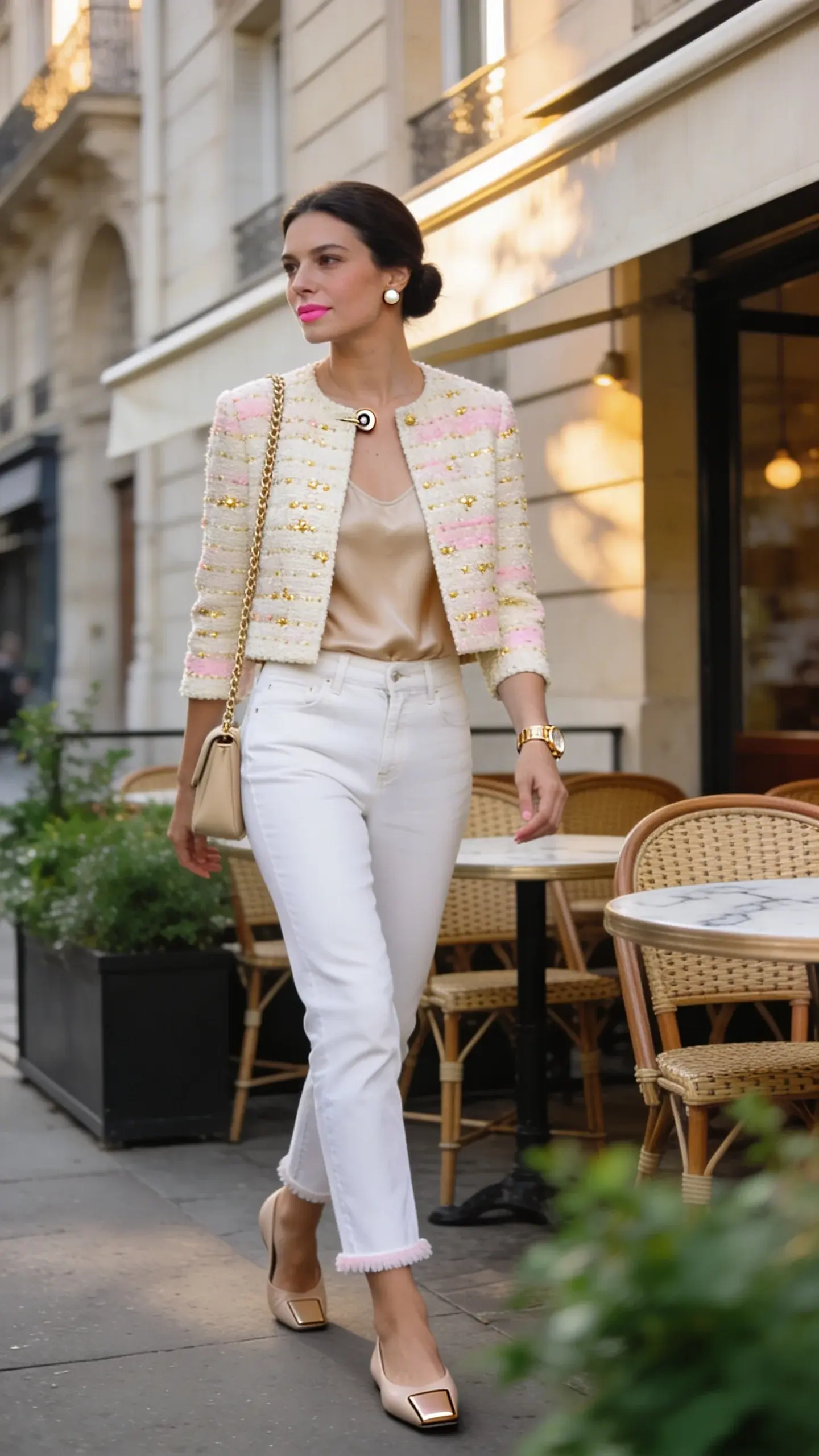 Realistic high-fashion street style photo of an elegant woman in her late 20s to early 40s on a cool summer morning, styled in a cropped pastel tweed jacket (cream with subtle blush and gold flecks) fastened only at the top hook, layered over a sand-colored silk tank. She wears straight-leg, high-waisted white jeans with a clean, unfrayed hem and nude leather ballet flats with a slight square toe. Accessories: slim gold chain-strap shoulder bag in beige, small pearl stud earrings, delicate gold watch, and natural makeup with a soft pink lip. Hair is a sleek low bun. She’s walking past a chic Parisian-style café terrace with rattan bistro chairs and marble tables, early golden light, soft shadows, and a gentle breeze. Background includes pale limestone buildings and greenery in planters; foreground has shallow depth of field for a crisp, editorial look. Color palette: creams, whites, sand, and soft pastels. Shot on a full-frame camera, 85mm lens, f/2.0, high-resolution, natural light, magazine-quality, no text.