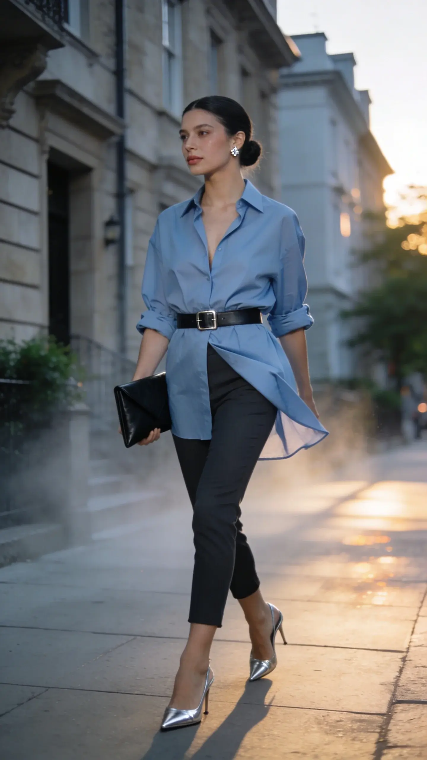 Golden-hour street style photo of an elegant woman with a cold-summer vibe walking along a chic city block. She wears a crisp oversized Oxford shirt in powder blue, unbuttoned one extra notch with the collar relaxed, sleeves rolled to mid-forearm, and a sharp French tuck at the front. Slim ankle trousers in charcoal skim the ankle, paired with silver metallic slingback heels. A slim black leather belt with a subtle metallic buckle, a black leather envelope clutch in hand, and simple diamond stud earrings complete the look. Her hair is sleek in a low chignon, minimal dewy makeup with a soft nude lip. The setting is a cool early evening: long shadows, soft diffused light, and a slight breeze adding movement to the shirt hem. Backdrop includes upscale stone townhouses and a hint of greenery; pavement slightly reflective as if from a light mist. Color palette: powder blue, charcoal, black, and pops of silver metallic. Shot on a full-frame DSLR, 50mm lens, shallow depth of field for creamy bokeh, high-resolution, natural light, editorial fashion photography, no text.