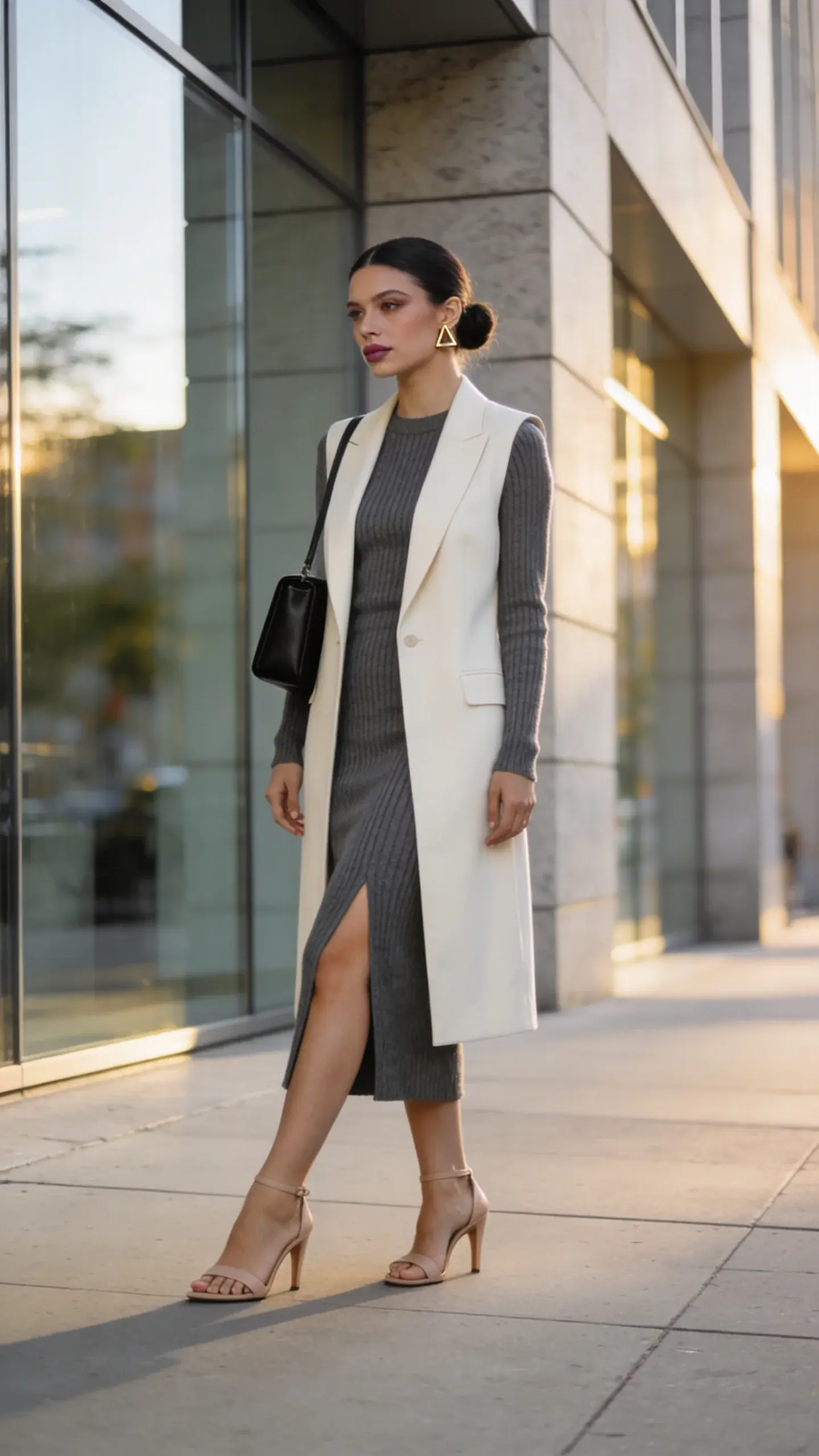 Realistic high-fashion street style photo at golden hour of an elegant woman with cool-summer coloring standing on a minimalist city sidewalk outside a modern glass-and-stone building. She wears a ribbed midi knit dress in charcoal grey with a subtle side slit for movement, hugging her figure while looking breathable. Over it, a longline tailored vest in cream, worn open and straight to create a clean, lengthening column. Minimal heeled sandals (under 3 inches) in nude leather, a boxy structured shoulder bag in matte black, and small geometric gold earrings. Hair in a sleek low bun, natural cool-toned makeup with soft taupe eyes and mauve lip. Confident, streamlined, powerful stance with hands relaxed at sides, one leg slightly forward to show the slit. Soft, diffused sunlight highlights ribbed texture and crisp vest lines; shallow depth of field with gentle bokeh of urban background, neutral color palette, editorial-quality, 50mm lens look, high-resolution, no text.