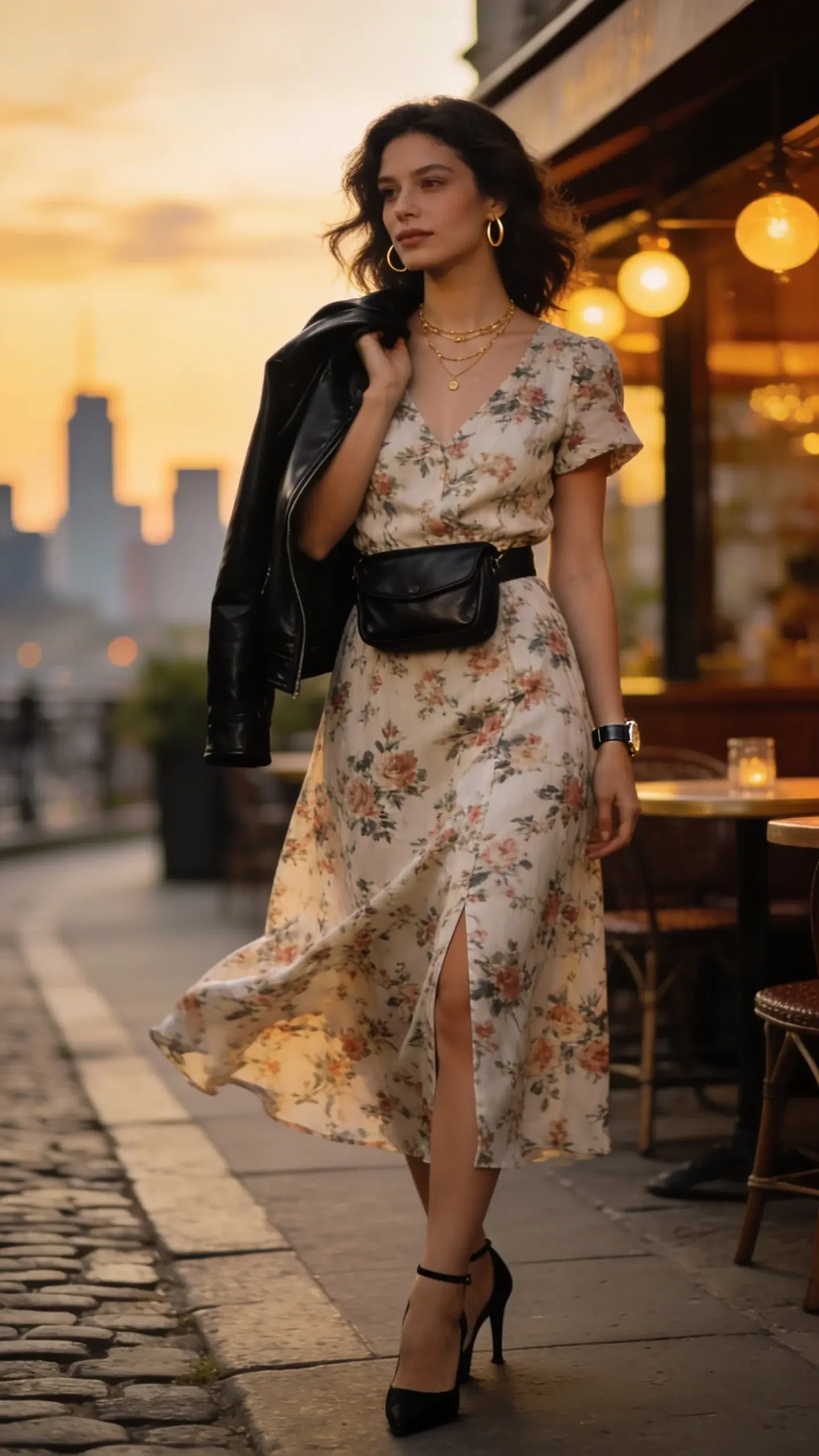 Golden-hour street scene featuring an elegant woman dressed for a cold summer evening: she wears a lightweight, supple black leather jacket draped over her shoulders atop a breezy floral midi dress with short sleeves and a subtle slit; the dress moves softly in a light breeze. Footwear: sleek black ankle-strap heels. Accessories: a compact black leather crossbody bag worn high at the hip, layered delicate gold necklaces, minimal gold hoops, and a slim watch. She stands on a cobblestone sidewalk near a chic café with warm bistro lighting and soft after-dusk glow, faint city skyline in the background. Styling detail: later shot option shows the jacket fully worn as temperatures drop. Natural makeup, soft waves, and confident posture. Realistic, high-resolution fashion photography with shallow depth of field, soft cinematic lighting, and true-to-life textures of leather and fabric; no text, no logos.