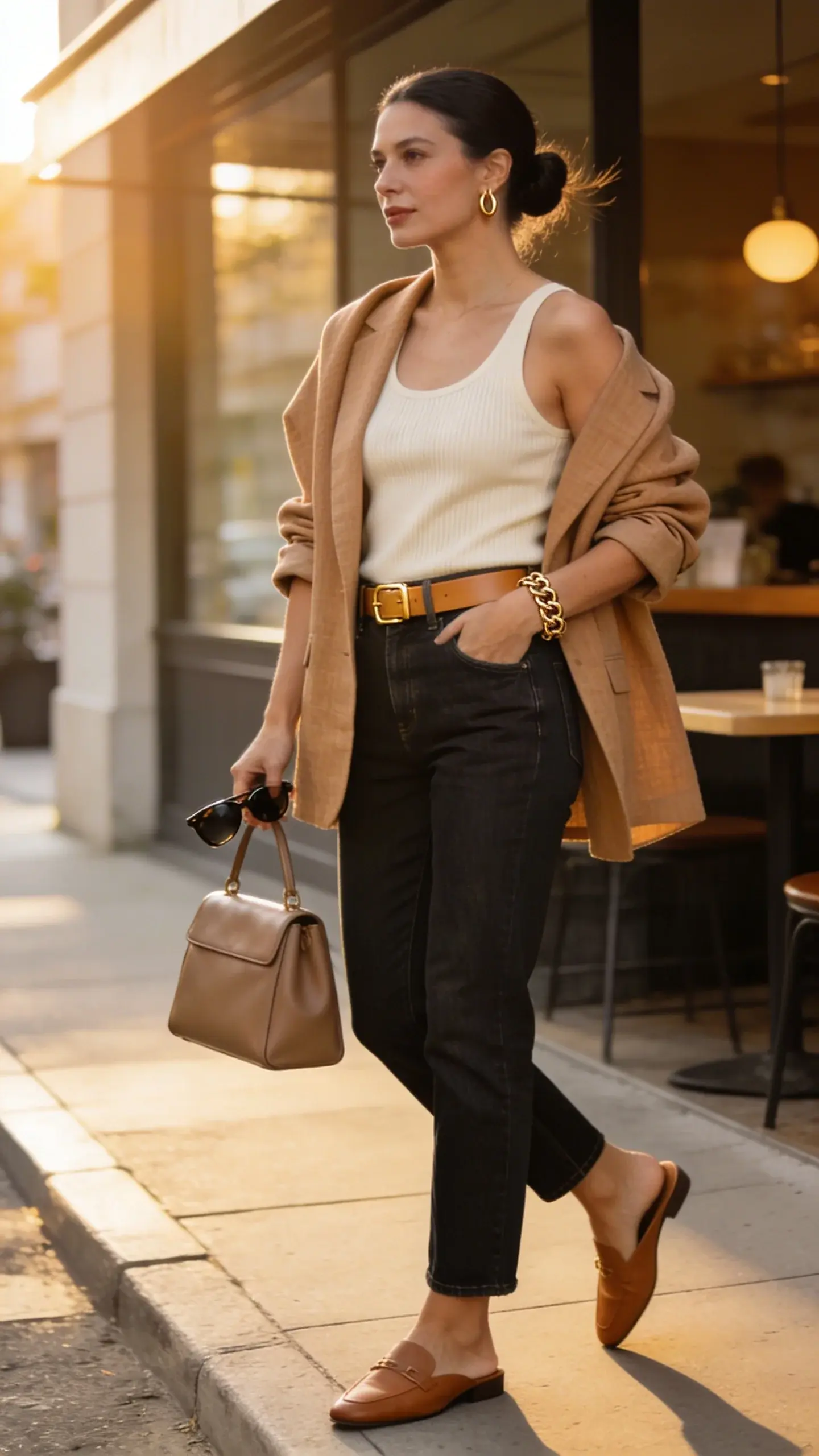 Golden-hour street style photo of an elegant woman in her late 30s standing on a city sidewalk outside a minimalist café, wearing a slightly oversized linen blazer in soft camel, a cream ribbed knit tank neatly tucked into rigid dark indigo straight-leg jeans, a slim tan leather belt with a subtle gold buckle, and tan leather loafer mules; she accessorizes with a chunky gold link bracelet and small gold hoop earrings, carrying a structured taupe leather top-handle bag. The blazer drapes softly over the shoulders, sleeves gently pushed up to mid-forearm to reveal the knit texture. The jeans have a clean, tailored line with no distressing, slight ankle graze. Hair is a sleek low bun, natural makeup with a soft matte finish. She stands mid-step, one hand in pocket, the other holding sunglasses, confident posture. Background features soft, diffused sunlight, shallow depth of field, warm color grading, subtle motion in a light breeze. Photorealistic, 50mm lens look, high-resolution editorial fashion photography.